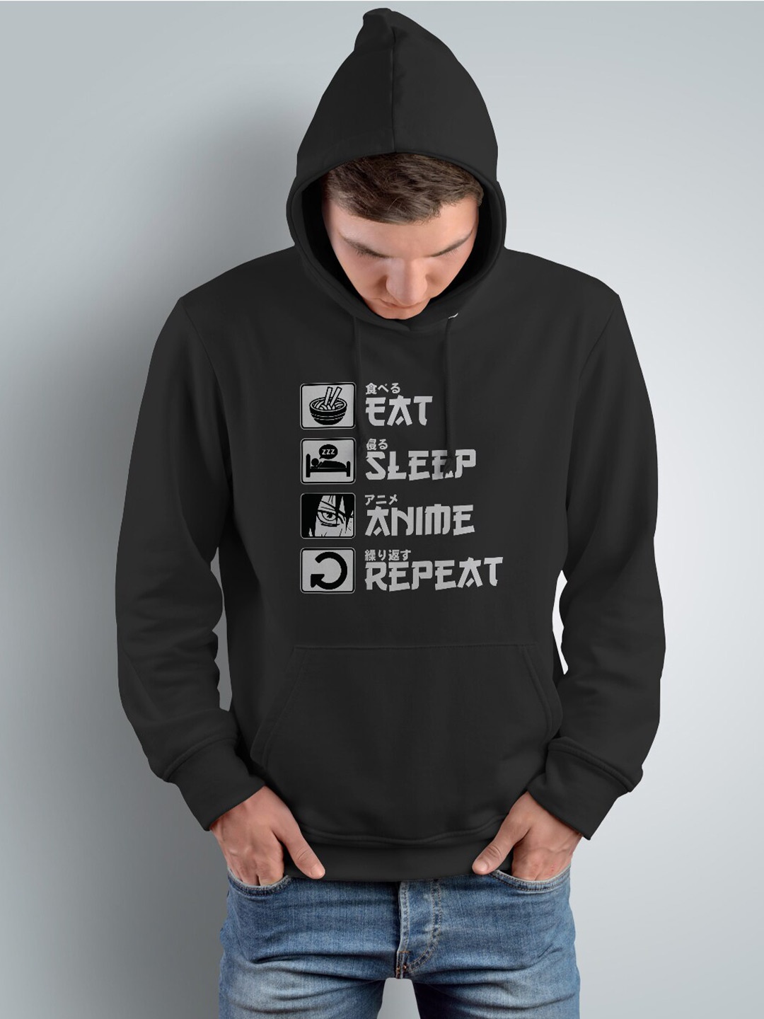 

Crazymonk Printed Anime Eat Sleep Repeat Hooded Cotton Sweatshirt, Black