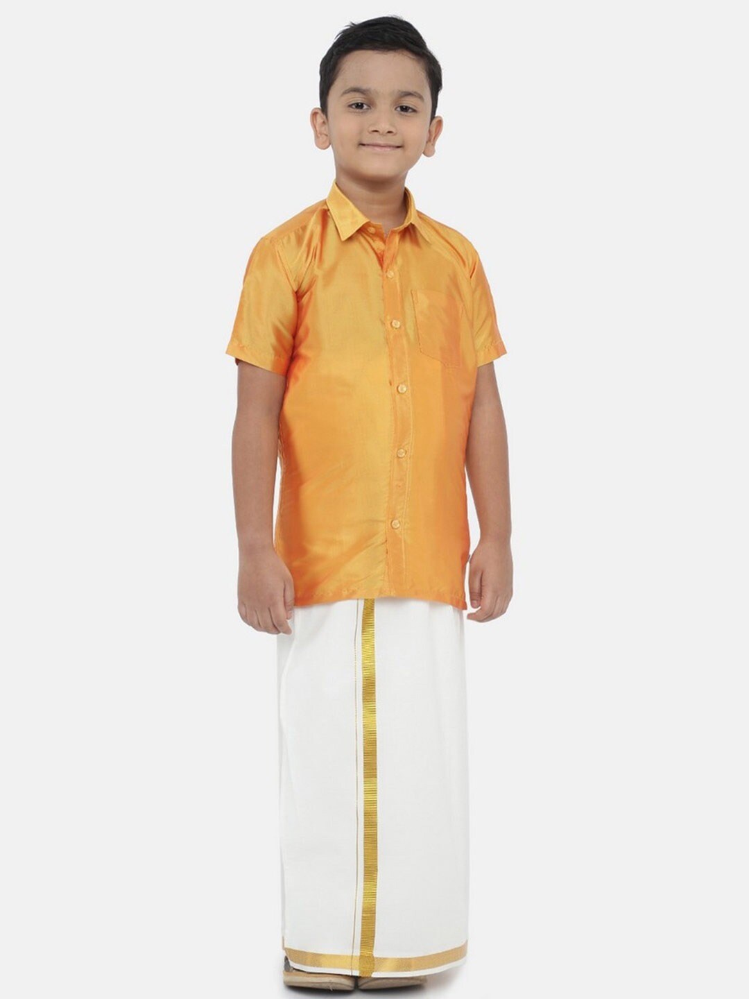 

Ramraj Boys Pure Silk Ethnic Shirt With Zari Border Dhoti Pant, Yellow