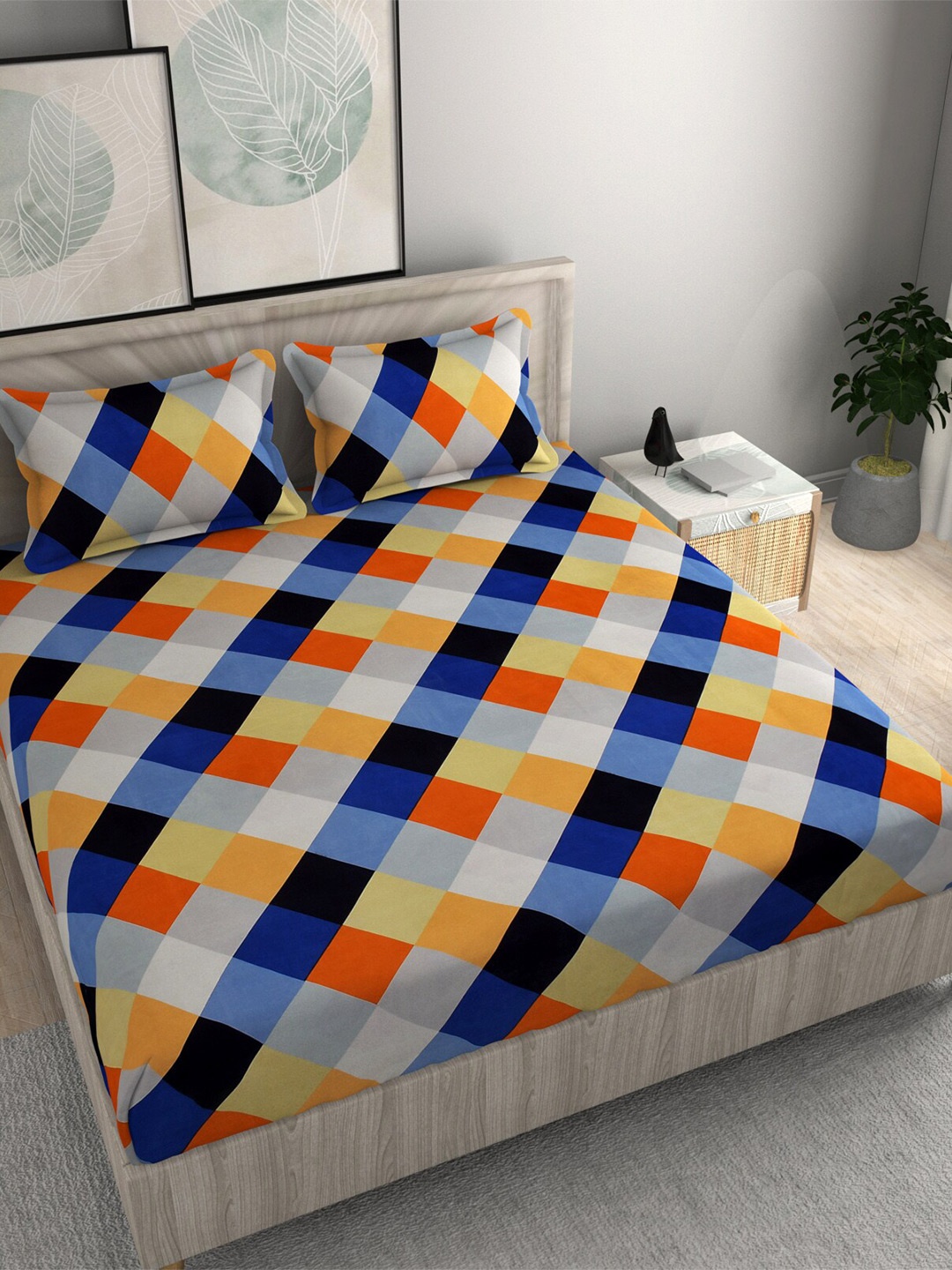 

FINE TEX WORLD Blue Geometric 210 TC 130 GSM Queen Fitted Bedsheet with 2 Pillow Covers