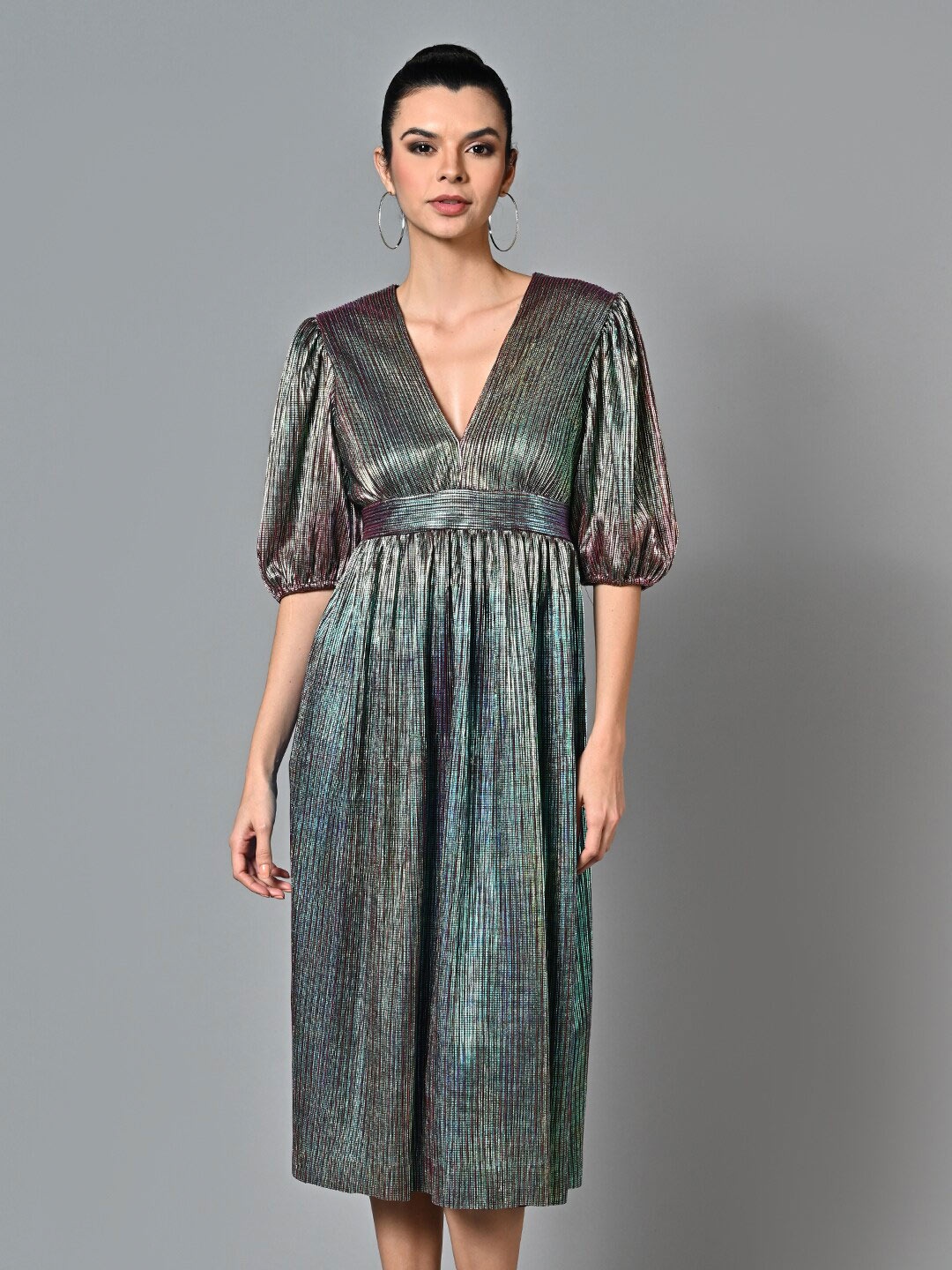 

Justin Whyte Self Design V-Neck Puff Sleeve Fit & Flare Dress, Green