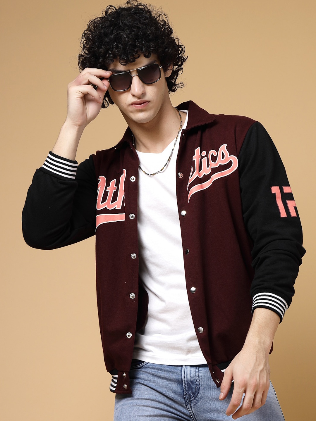 

Rigo Typography Printed Fleece Varsity Jacket, Red