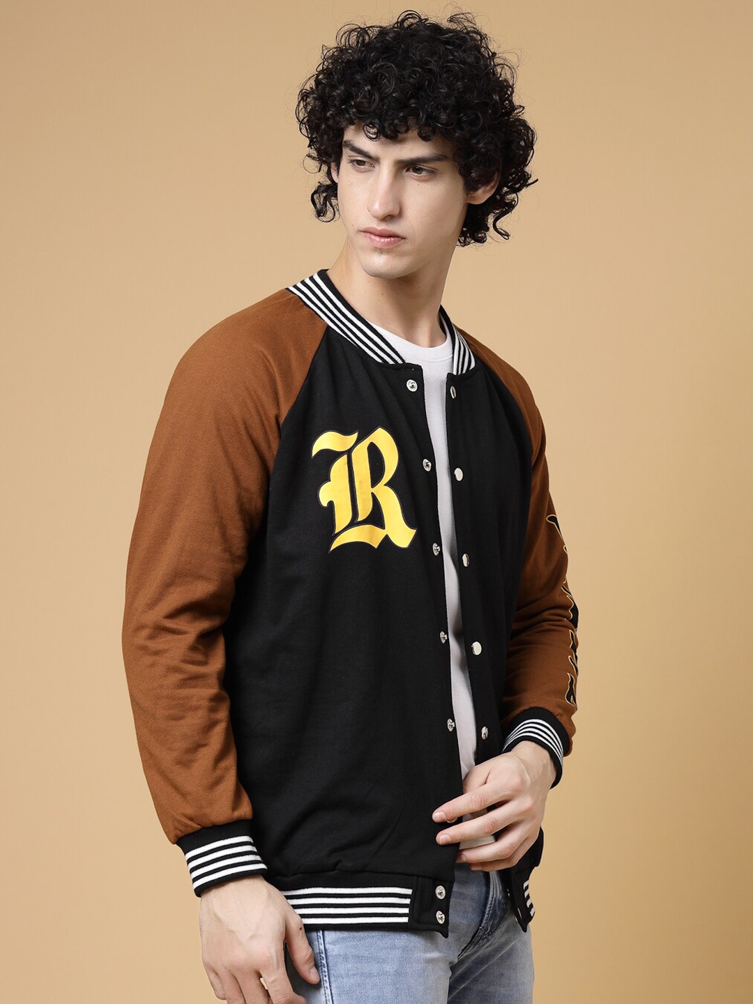 

Rigo Typography Embroidered Oversized Fleece Varsity Jacket, Black