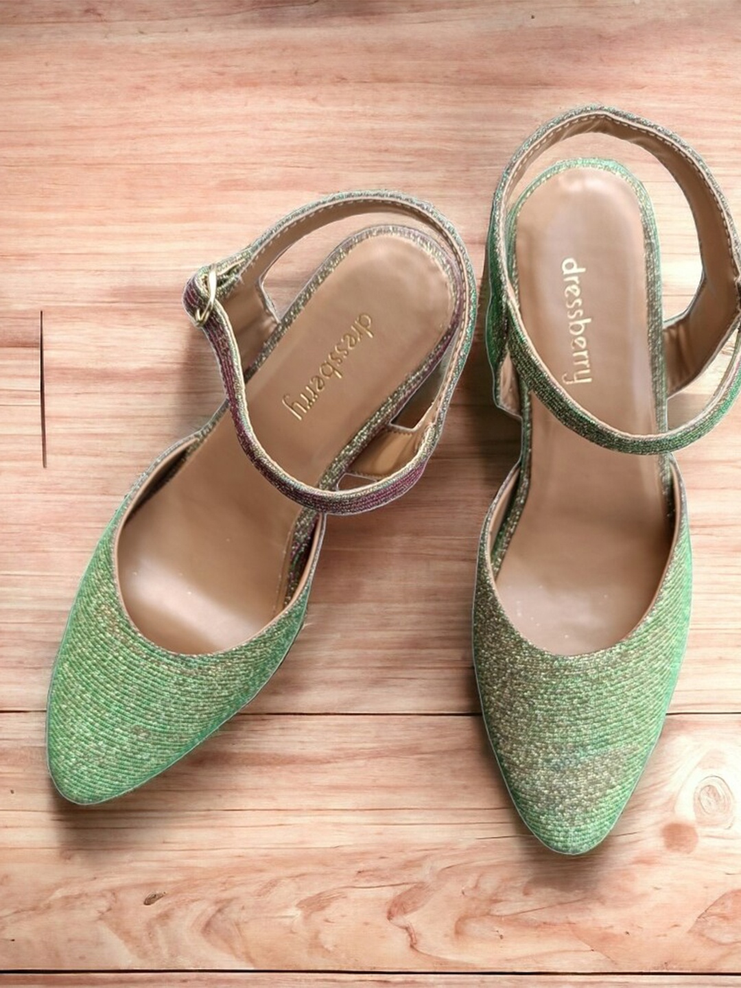 

DressBerry Embellished Kitten Heel Mules, Green
