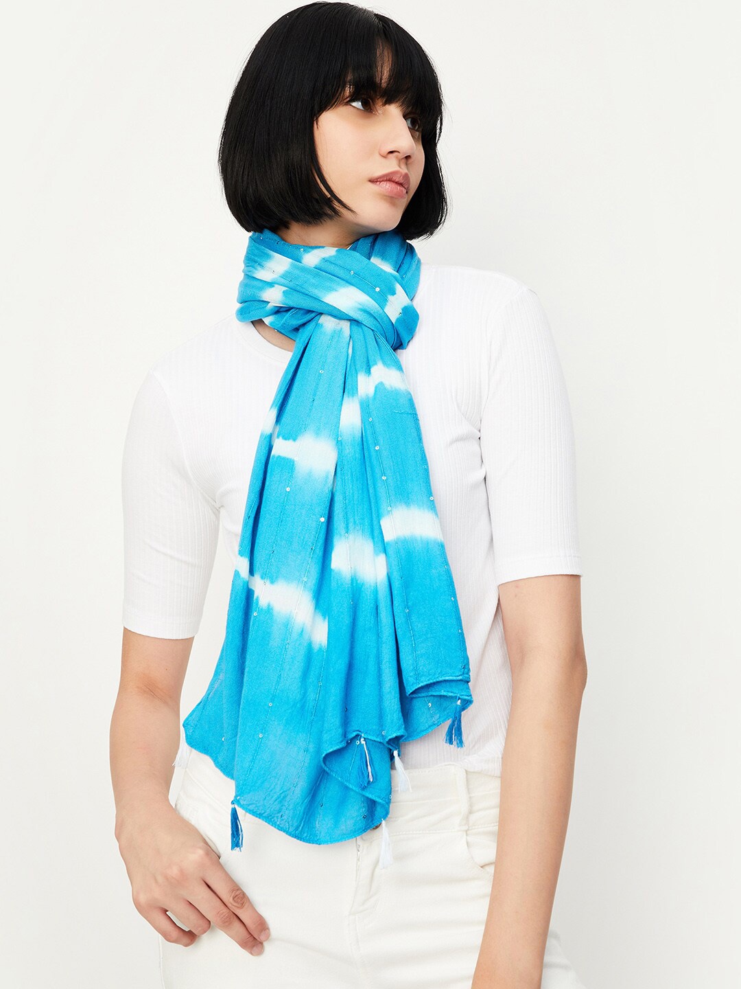 

max Striped Sequinned Scarf, Turquoise blue