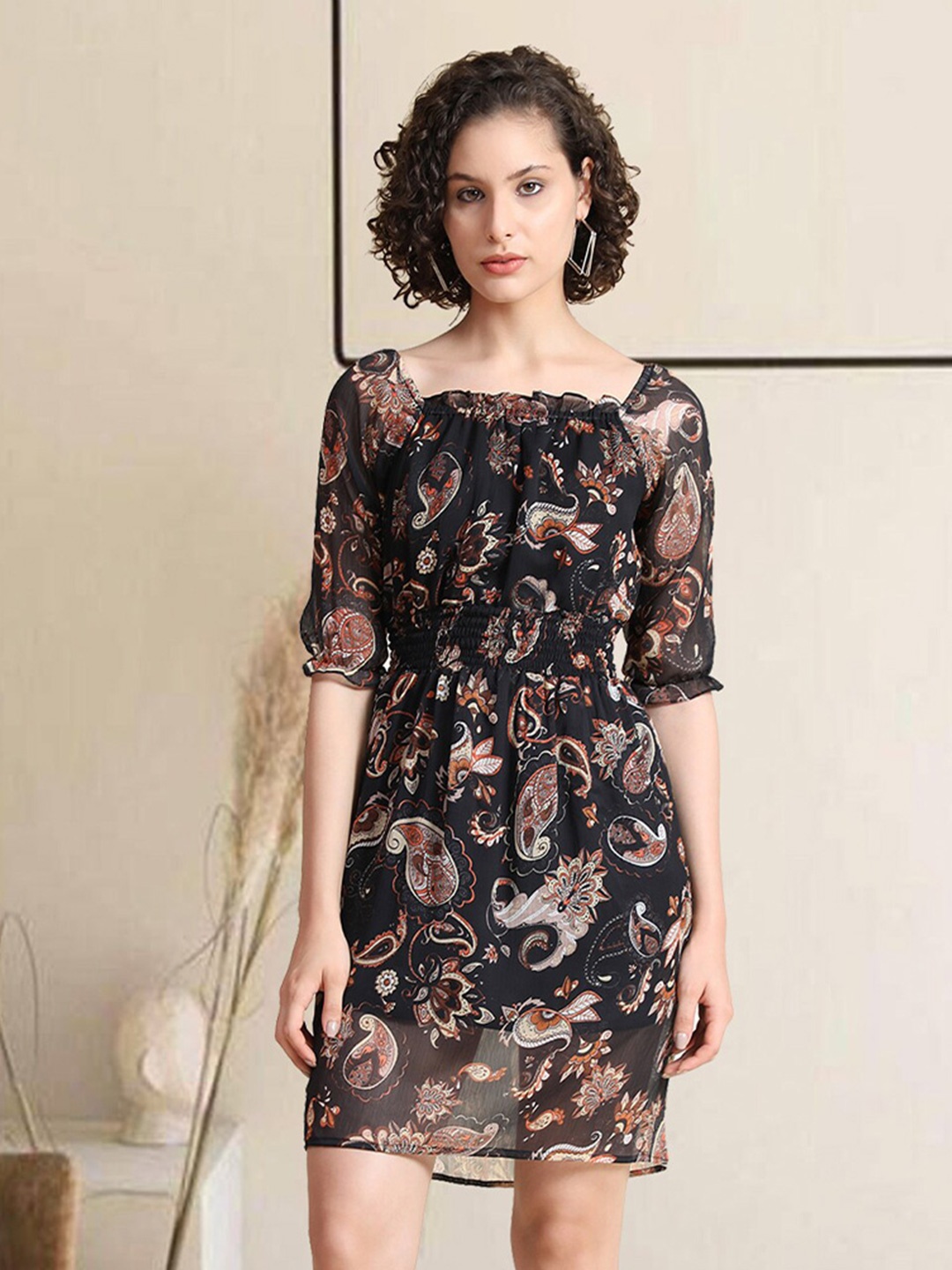 

BAESD Paisley Printed Square Neck Puff Sleeves Smocked Detail Georgette A-Line Mini Dress, Black