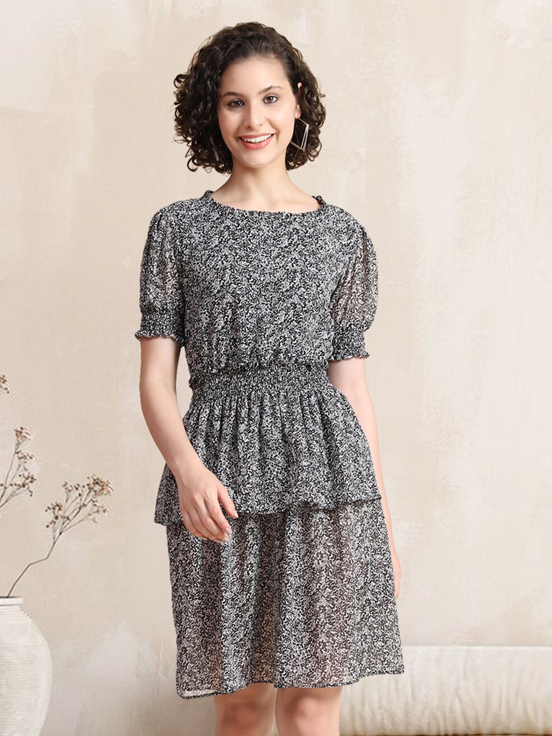 

BAESD Abstract Printed Puff Sleeve Georgette Fit & Flare Dress, Black