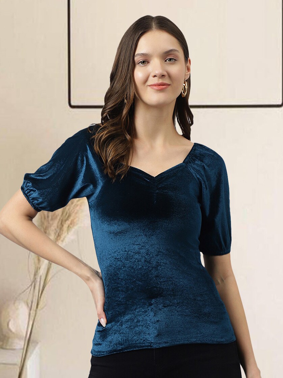 

BAESD Sweetheart Neck Puff Sleeve Woollen Regular Top, Teal
