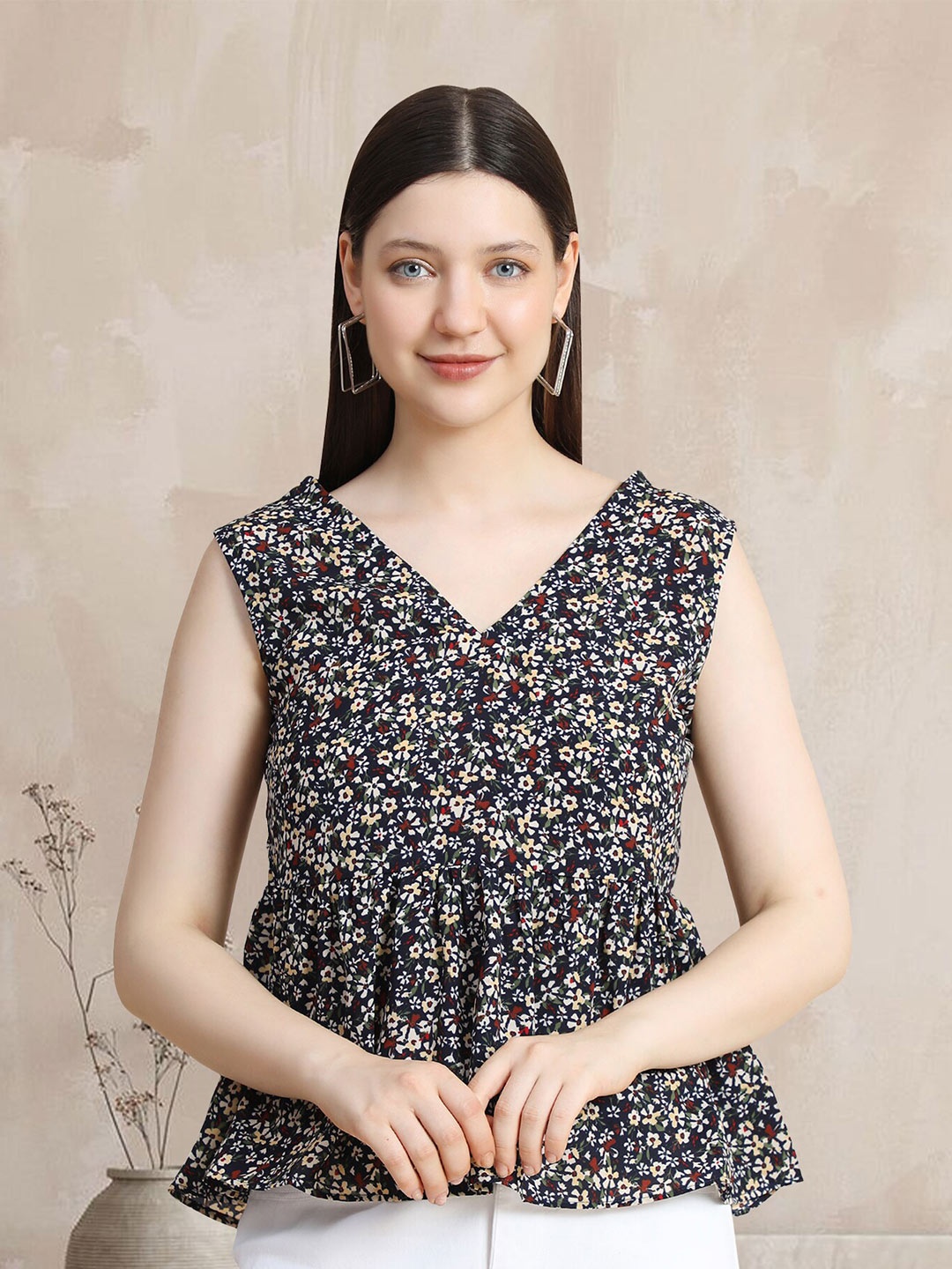 

BAESD Floral Printed V-Neck Sleeveless Peplum Top, Navy blue