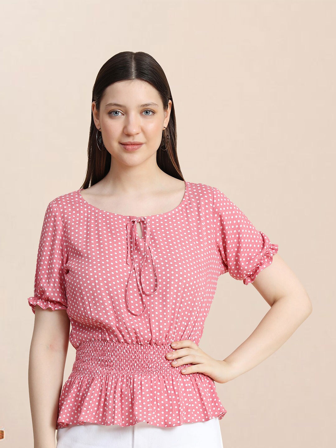 

BAESD Polka Dots Printed Tie-Up Neck Puff Sleeve Cinched Waist Top, Peach
