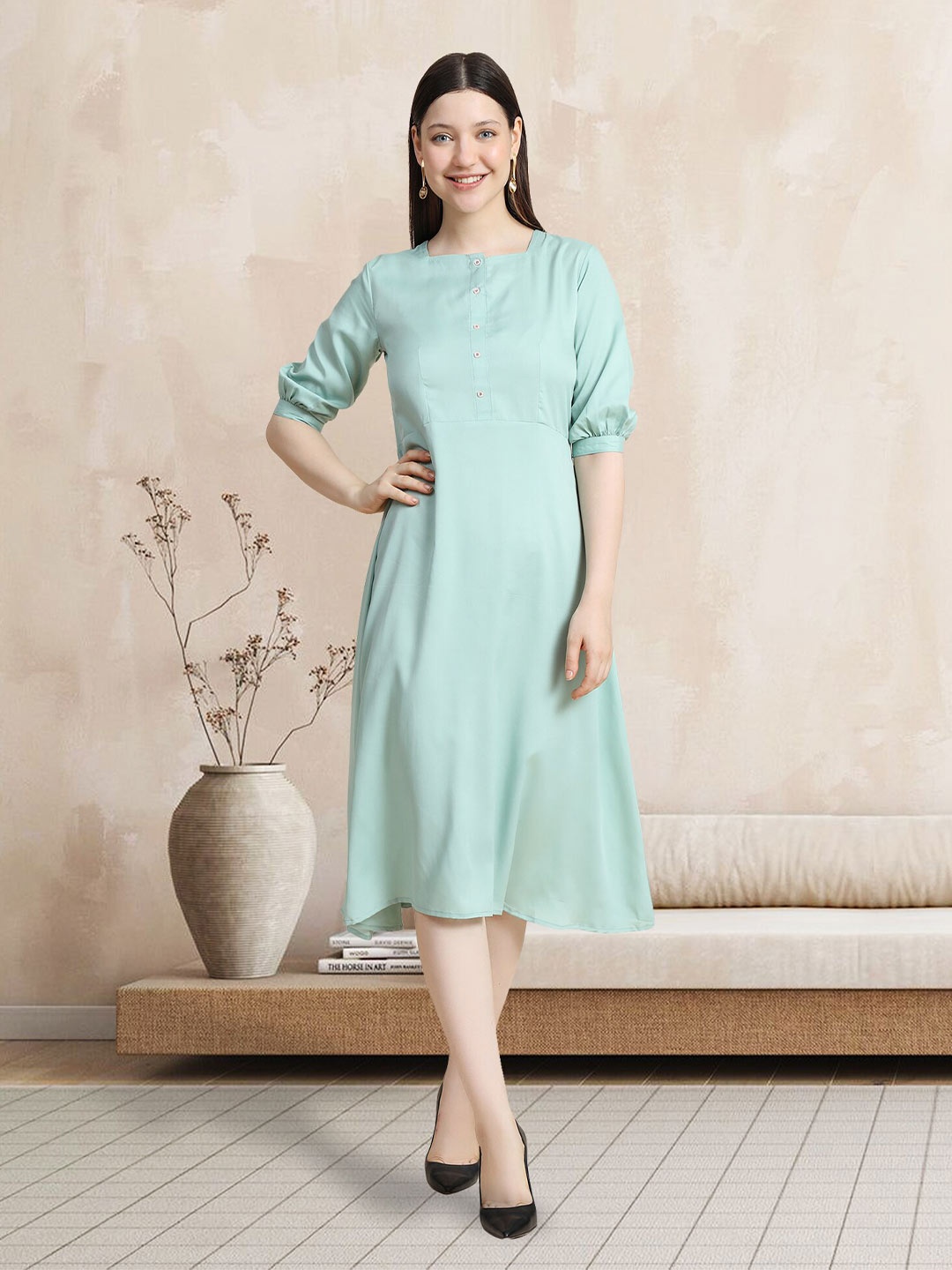 

BAESD Square Neck Puff Sleeve Fit & Flare Dress, Sea green