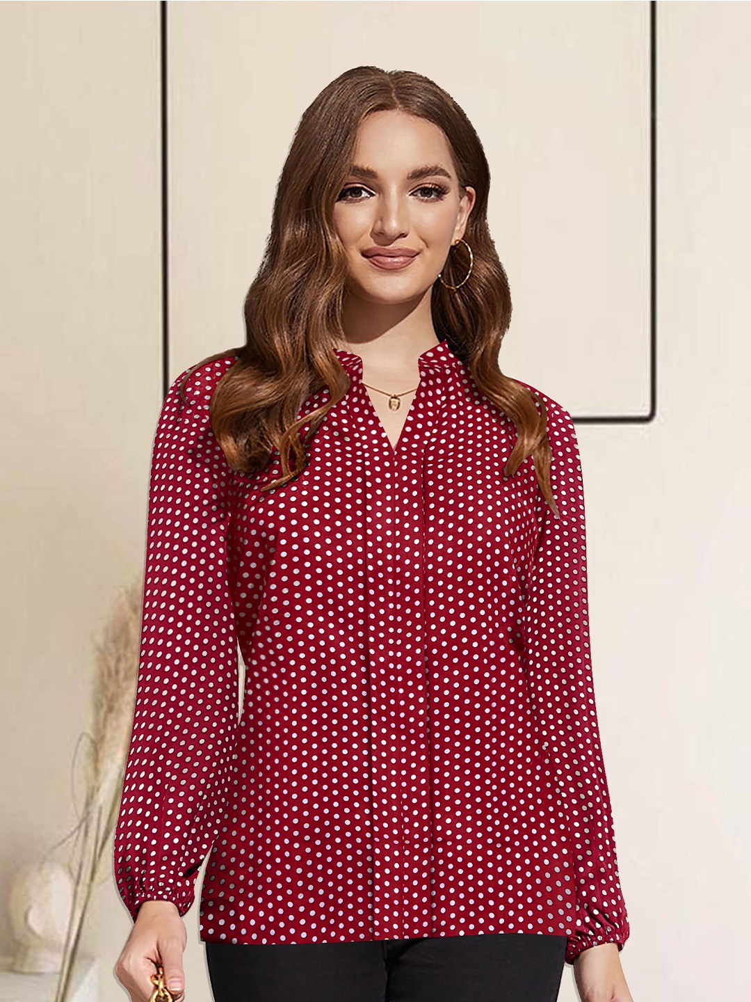 

BAESD Polka Dots Printed Mandarin Collar Puff Sleeve Cotton Regular Top, Maroon