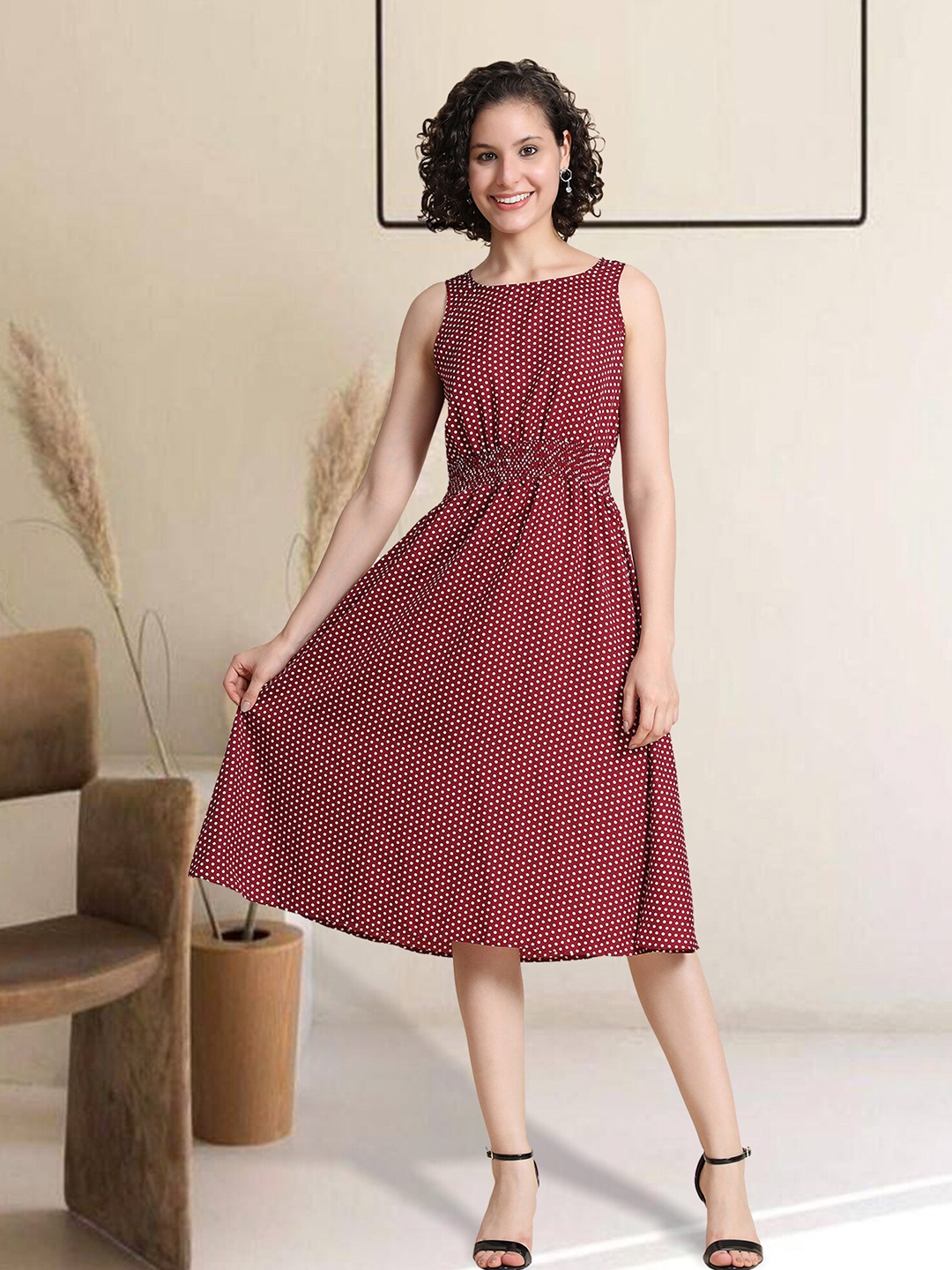 

BAESD Polka Dot Printed A-Line Midi Dress, Maroon