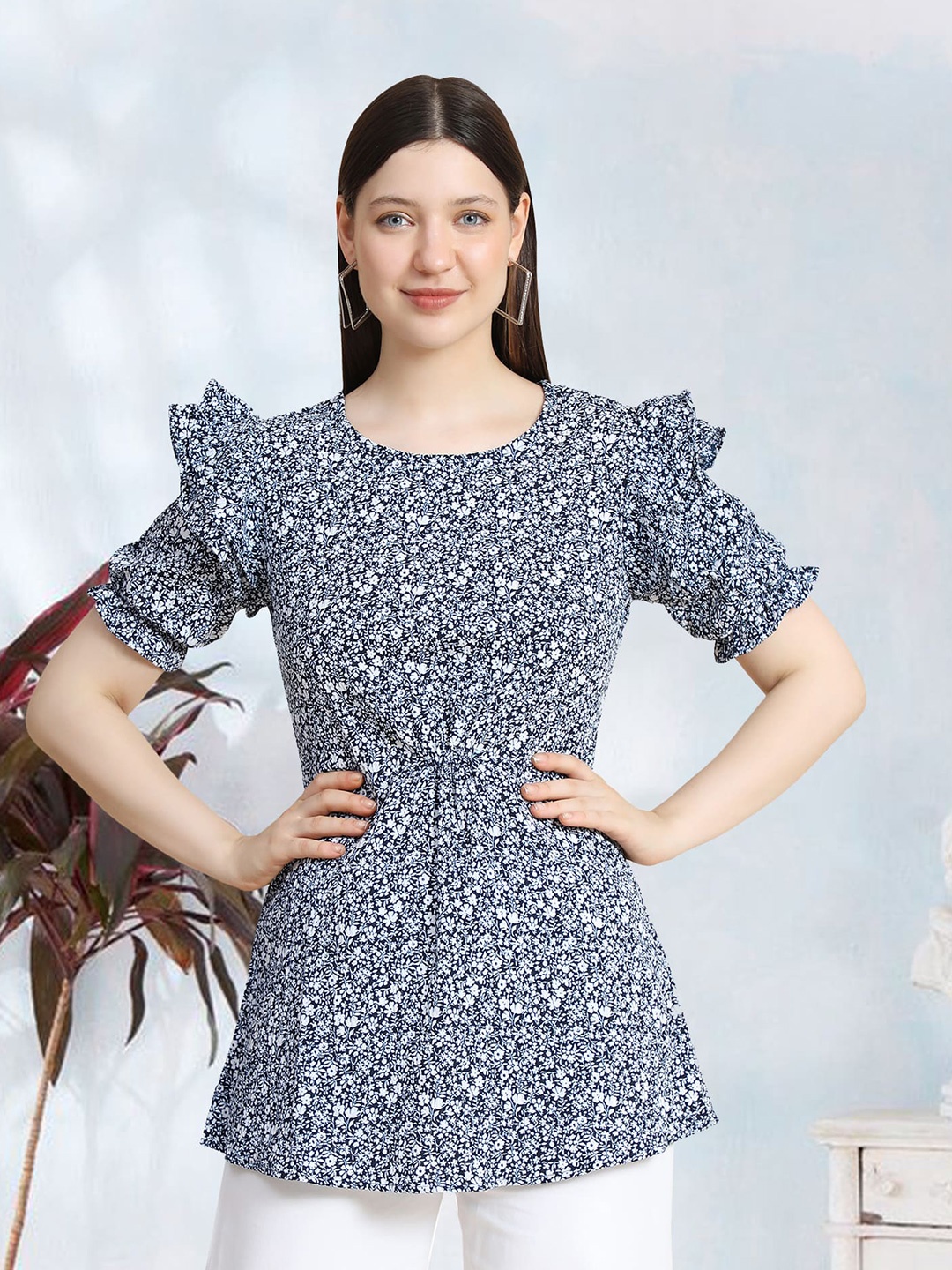 

BAESD Floral Printed Round Neck Puff Sleeve Ruffled Cinched Waist Top, Blue