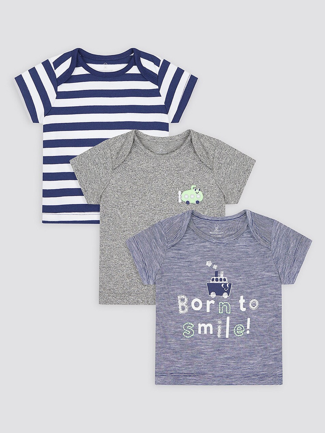 

mothercare Infant Boys Pack Of 3 Striped Cotton T-shirt, Navy blue
