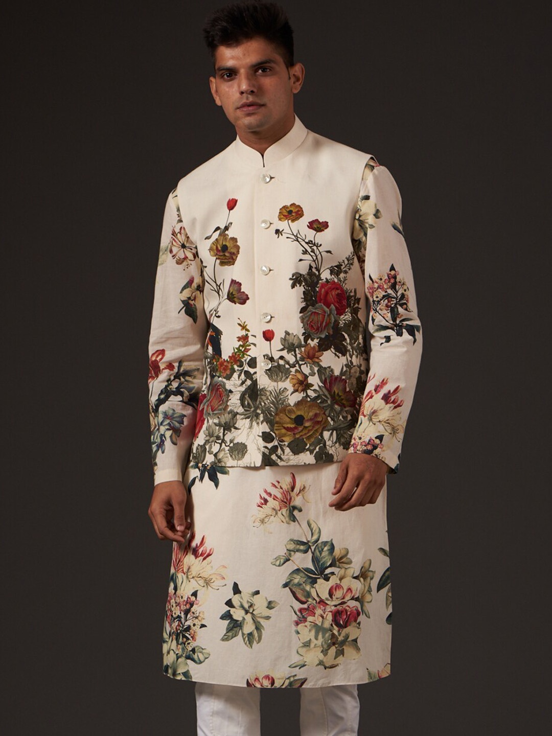 

Balance by Rohit Bal Floral Printed Pure Cotton Nehru jacket, Off white