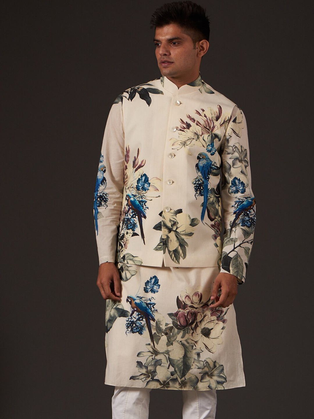 

Balance by Rohit Bal Floral Printed Pure Cotton Nehru jacket, Off white