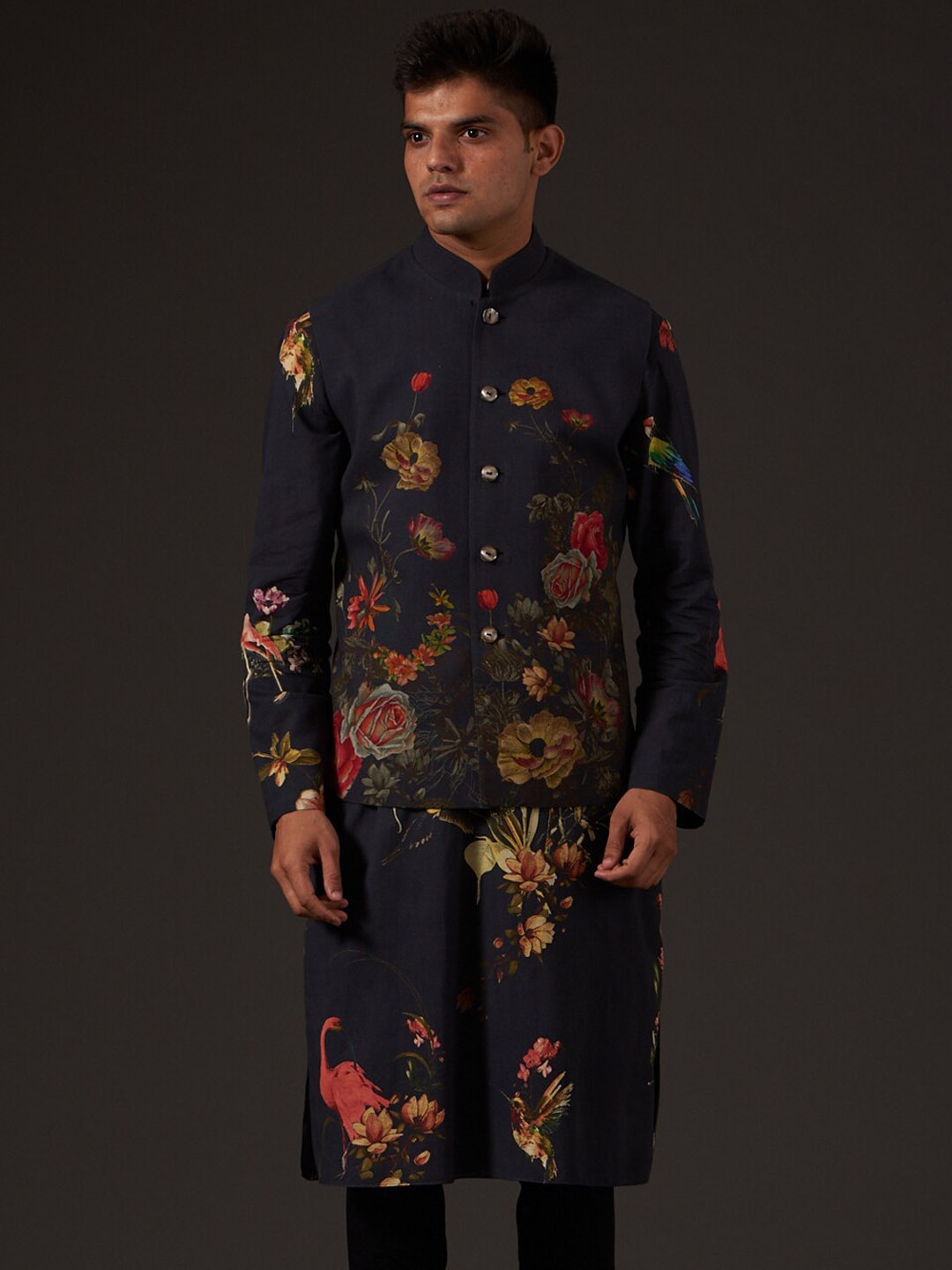 

Balance by Rohit Bal Floral Printed Pure Cotton Nehru jacket, Black