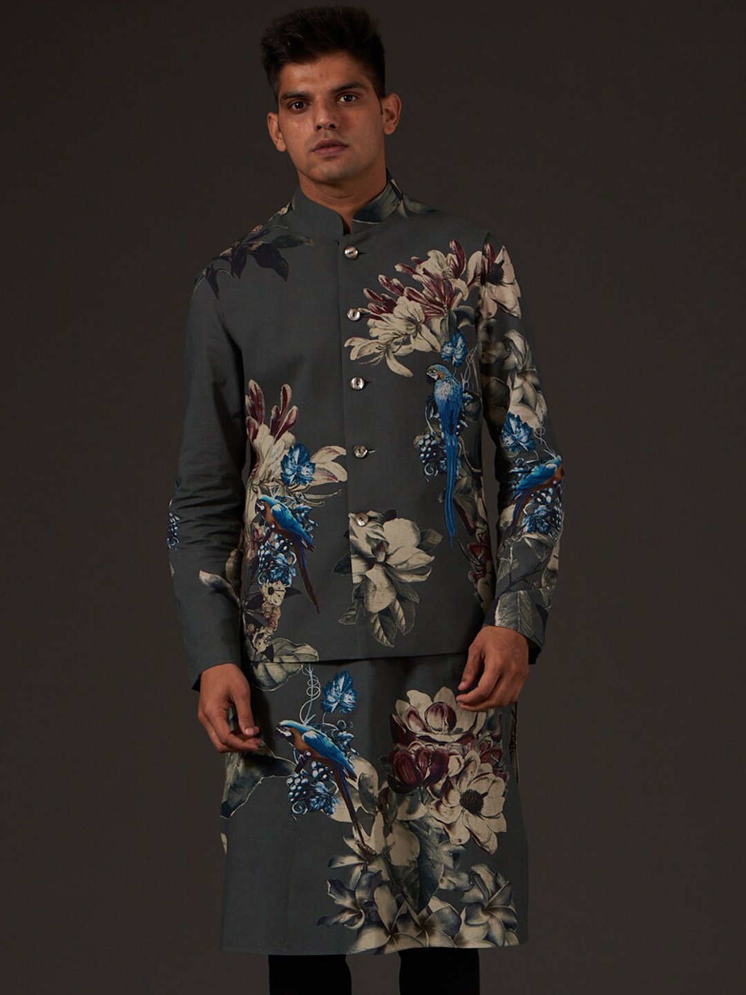 

Balance by Rohit Bal Floral Printed Nehru Jacket, Grey
