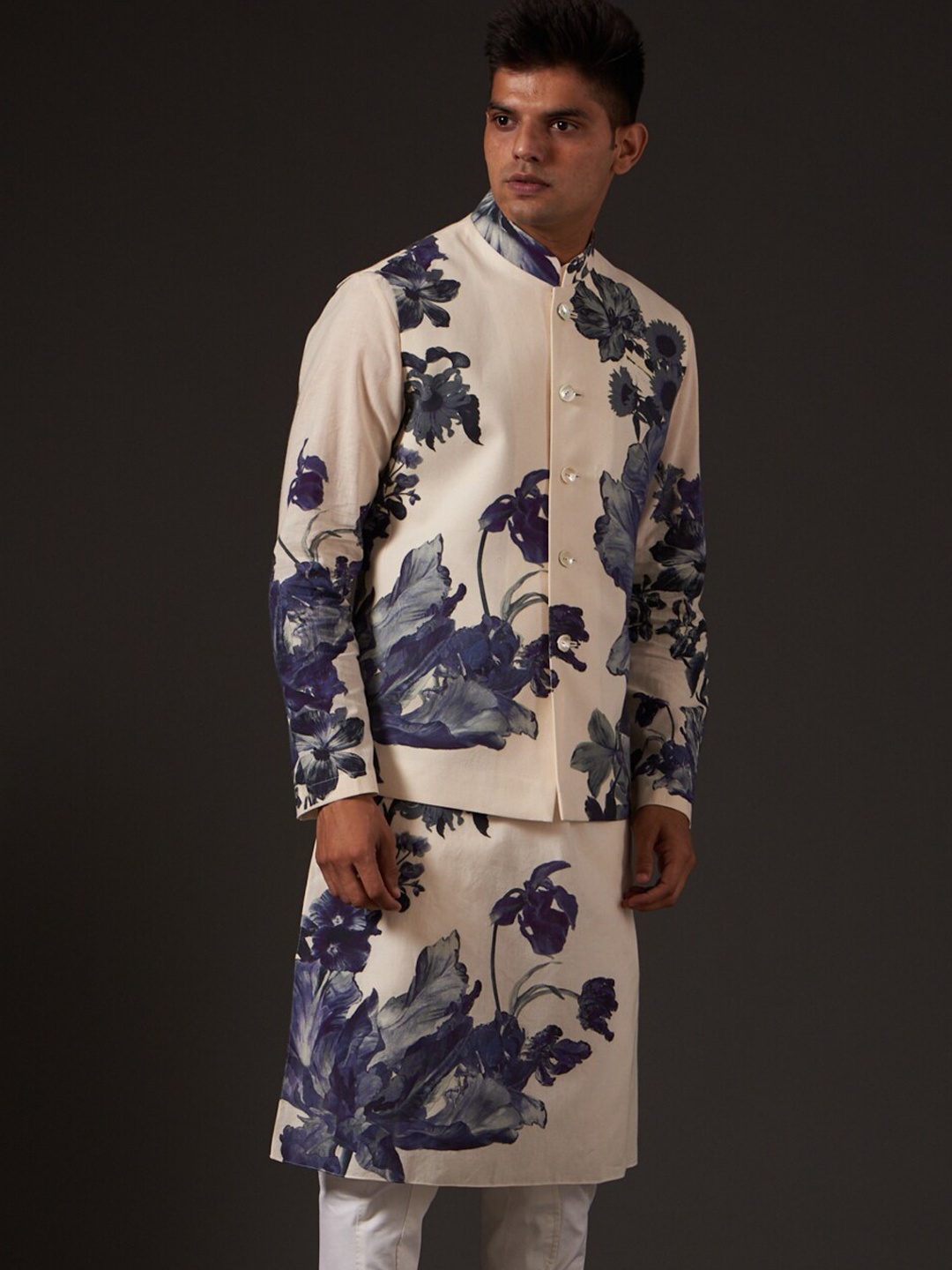 

Balance by Rohit Bal Floral Printed Nehru Jacket, Off white