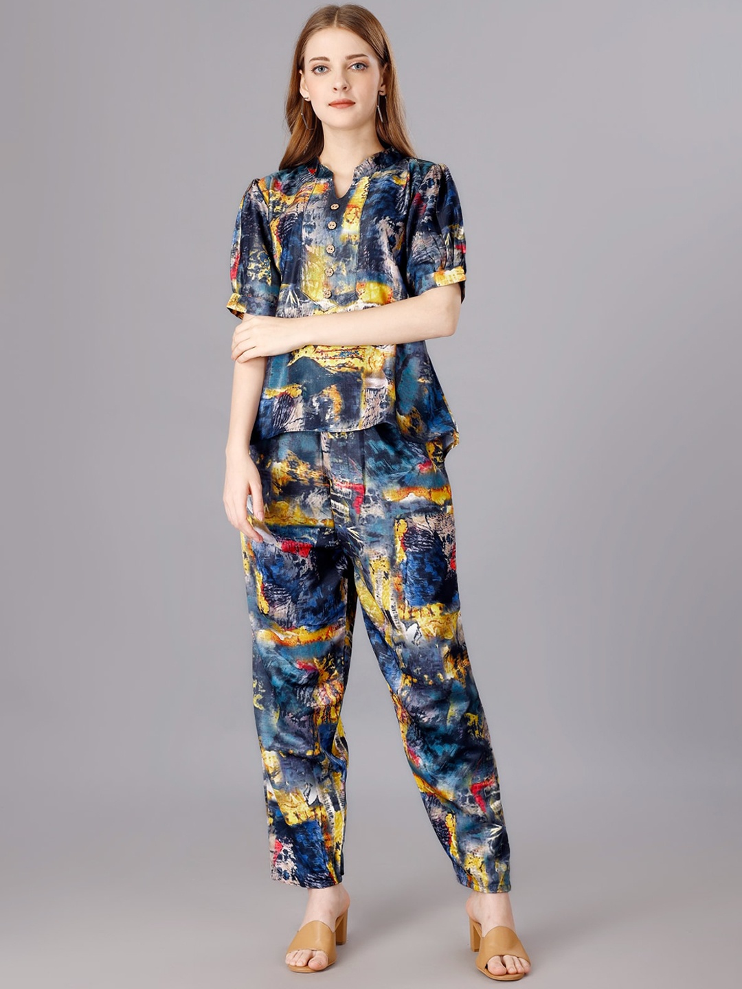 

WESTHOOD Abstract Printed Mandarin Collar Top With Flared Trousers, Navy blue