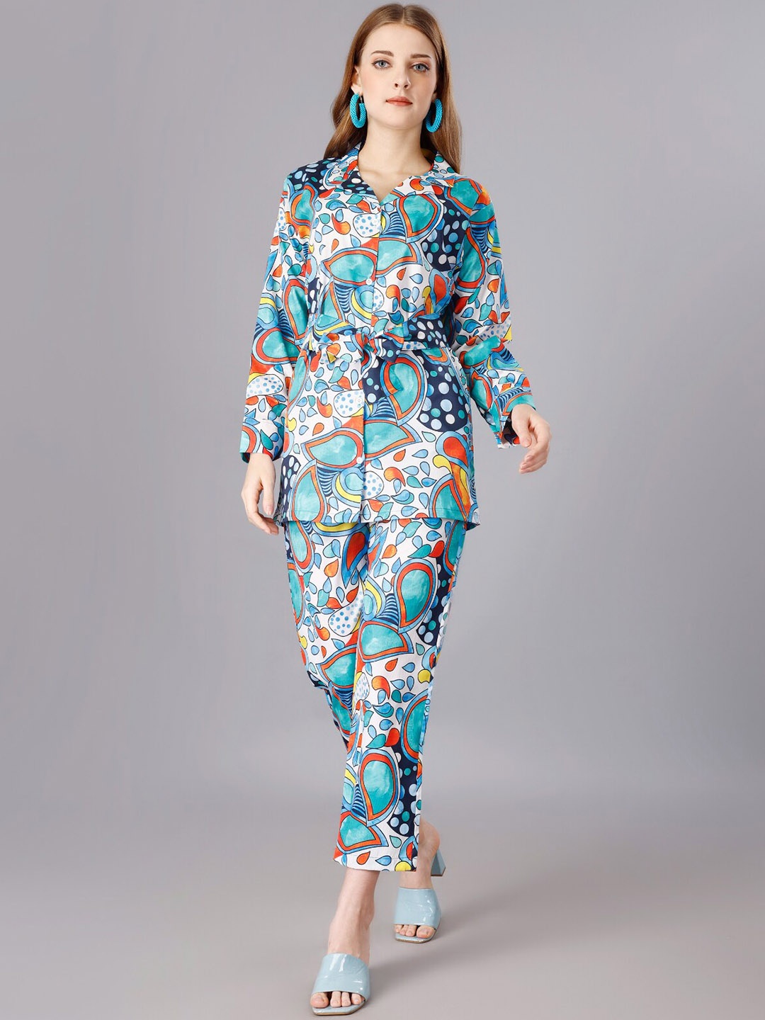 

WESTHOOD Printed Notched Lapel Collar Shirt With Trouser, Blue
