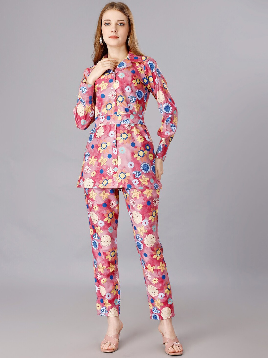 

WESTHOOD Floral Printed Notched Lapel Collar Shirt With Trouser, Pink