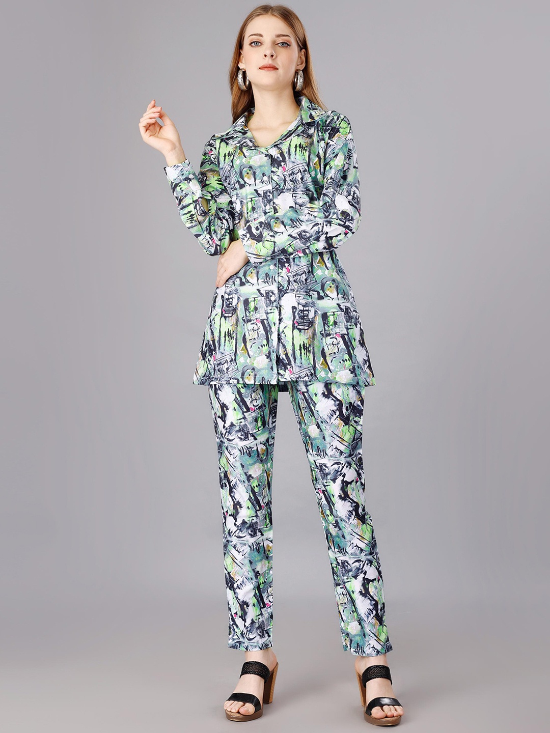 

WESTHOOD Abstract Printed Shirt Collar Shirt With Trousers, Green
