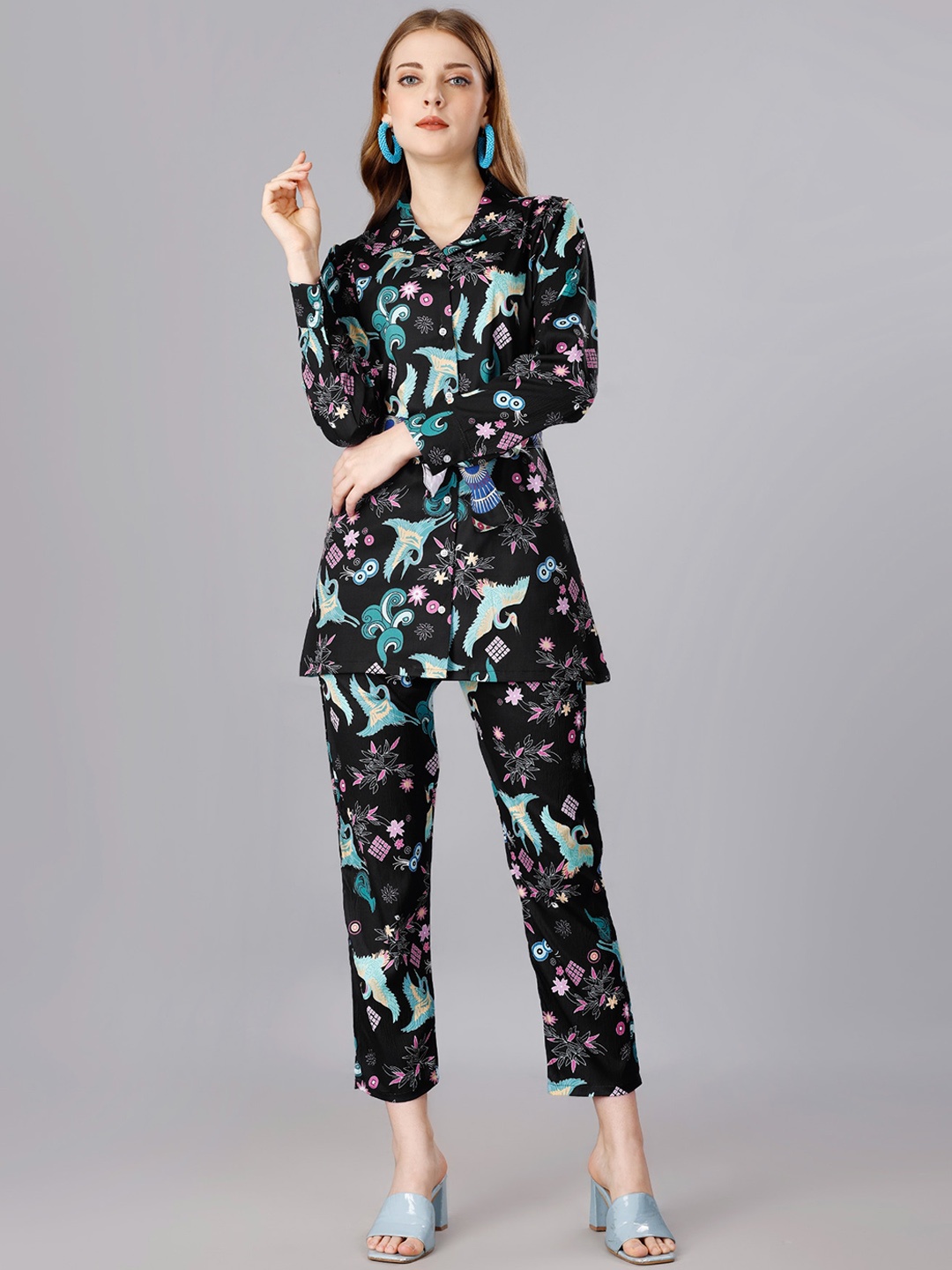 

WESTHOOD Floral Printed Long Sleeves Shirt With Trousers, Black