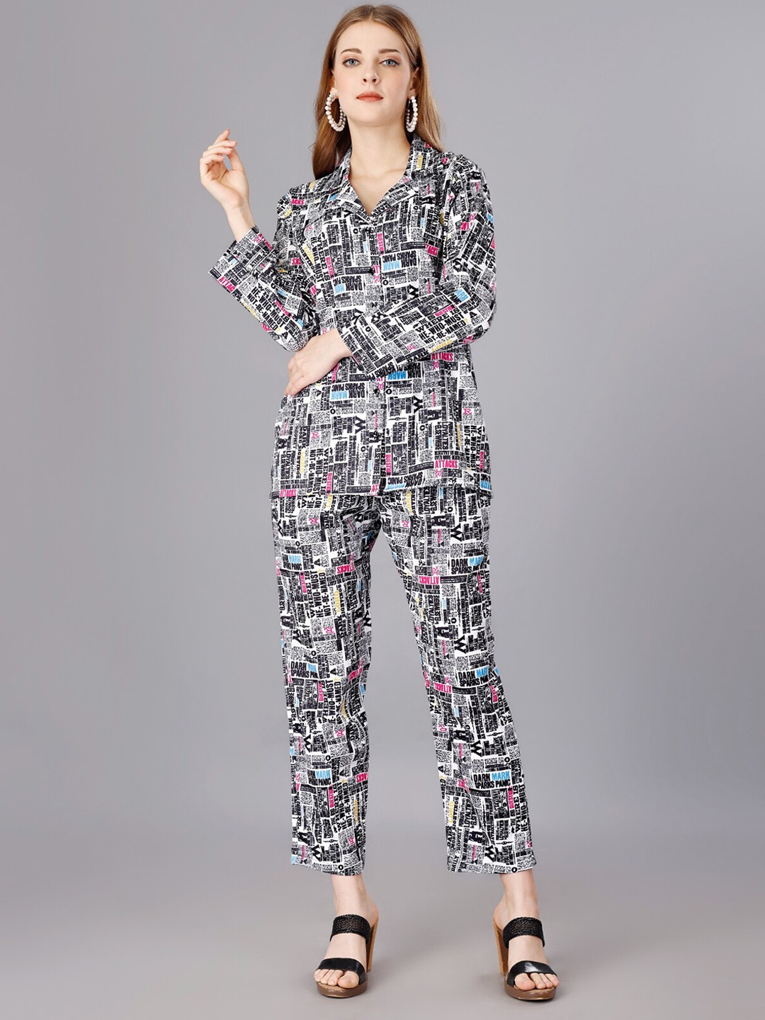 

WESTHOOD Geometric Printed Notched Lapel Collar Shirt With Trouser, Black