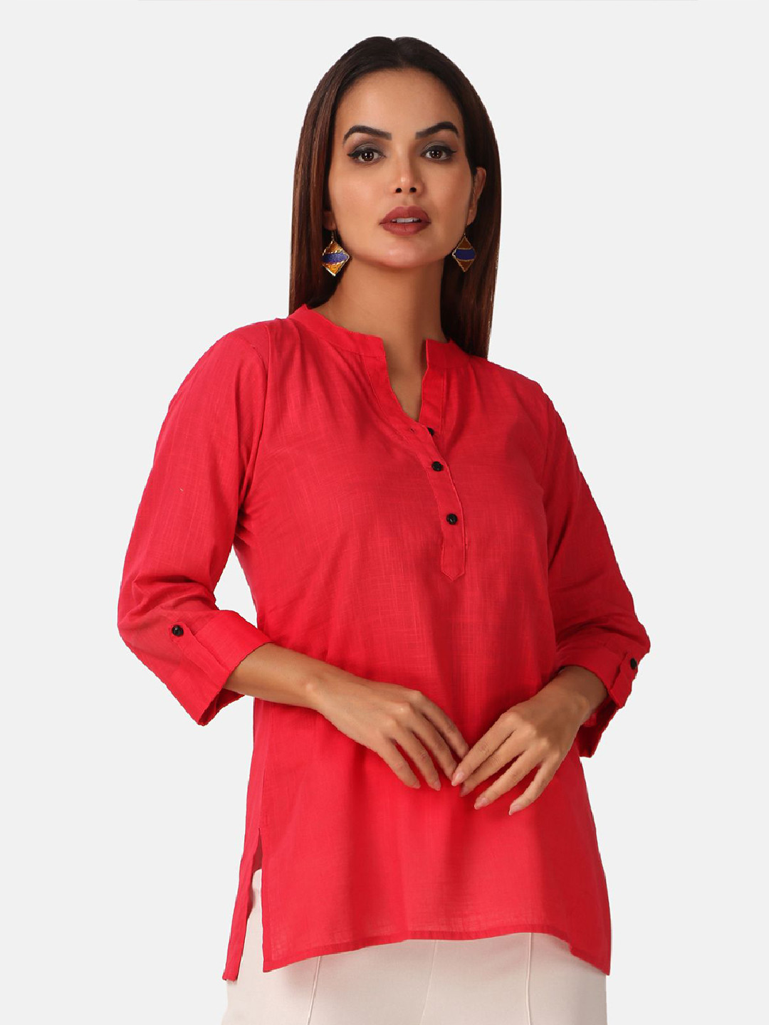 

Fasense Mandarin Collar Straight Kurtis, Red
