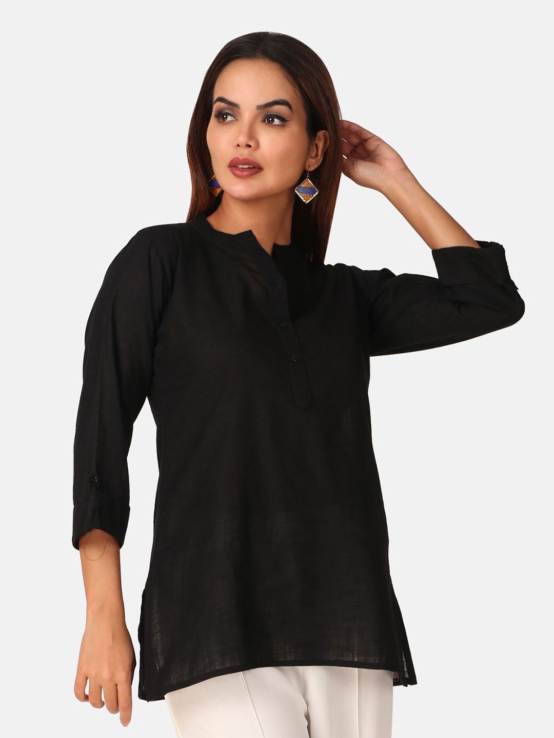 

Fasense Mandarin Collar Regular Top, Black