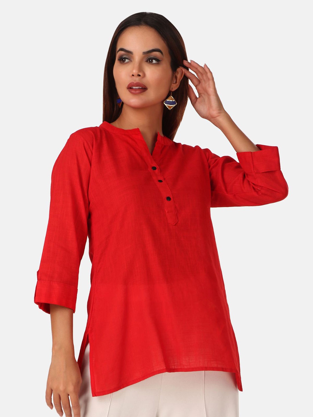 

Fasense Mandarin Collar Regular Top, Red