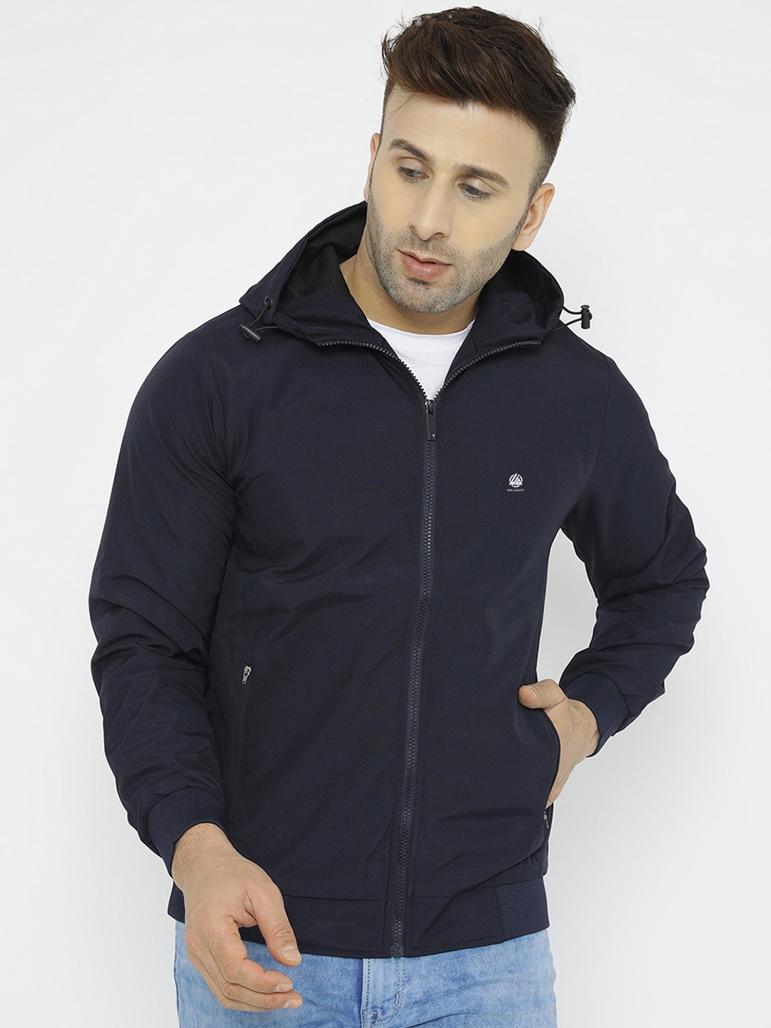 

WELL QUALITY Hooded Windcheater Dri-FIT Sports Bomber Jacket, Navy blue