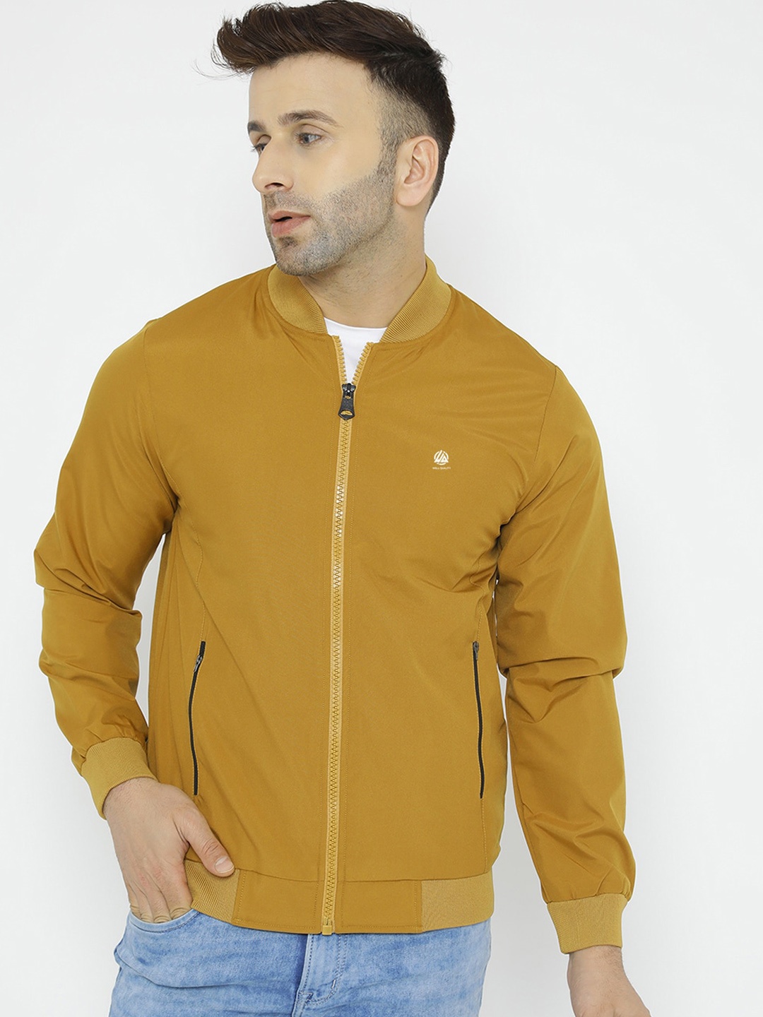 

WELL QUALITY Stand Collar Long Sleeve Windcheater Dri-FIT Sports Bomber Jacket, Mustard