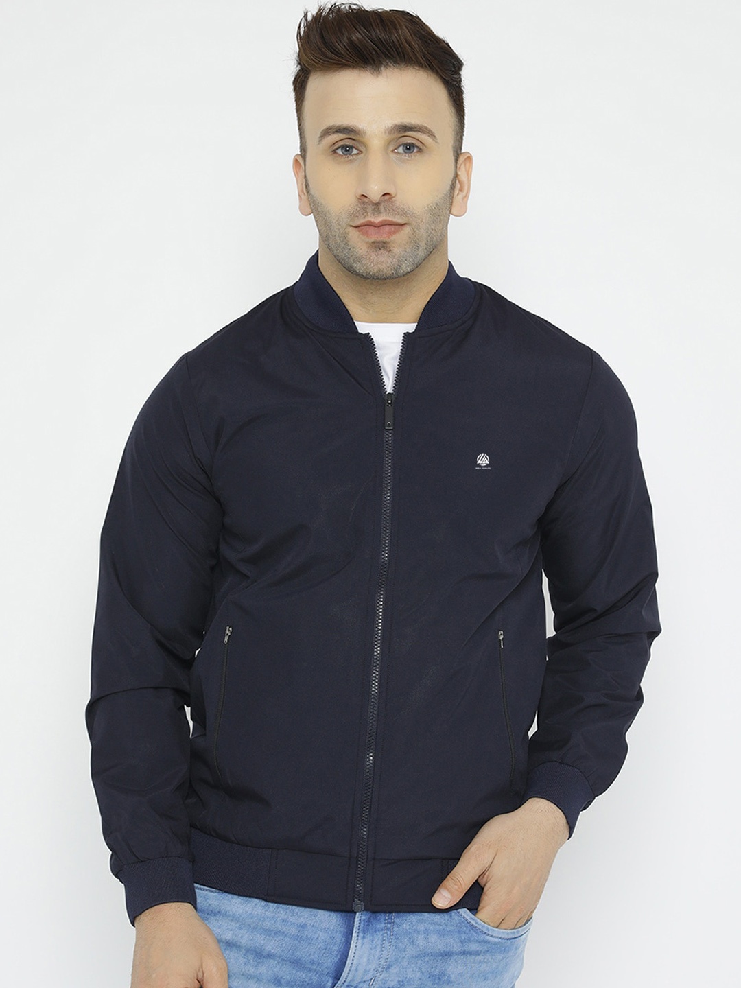 

WELL QUALITY Mandarin Collar Windcheater Dri-FIT Sports Bomber Jacket, Navy blue