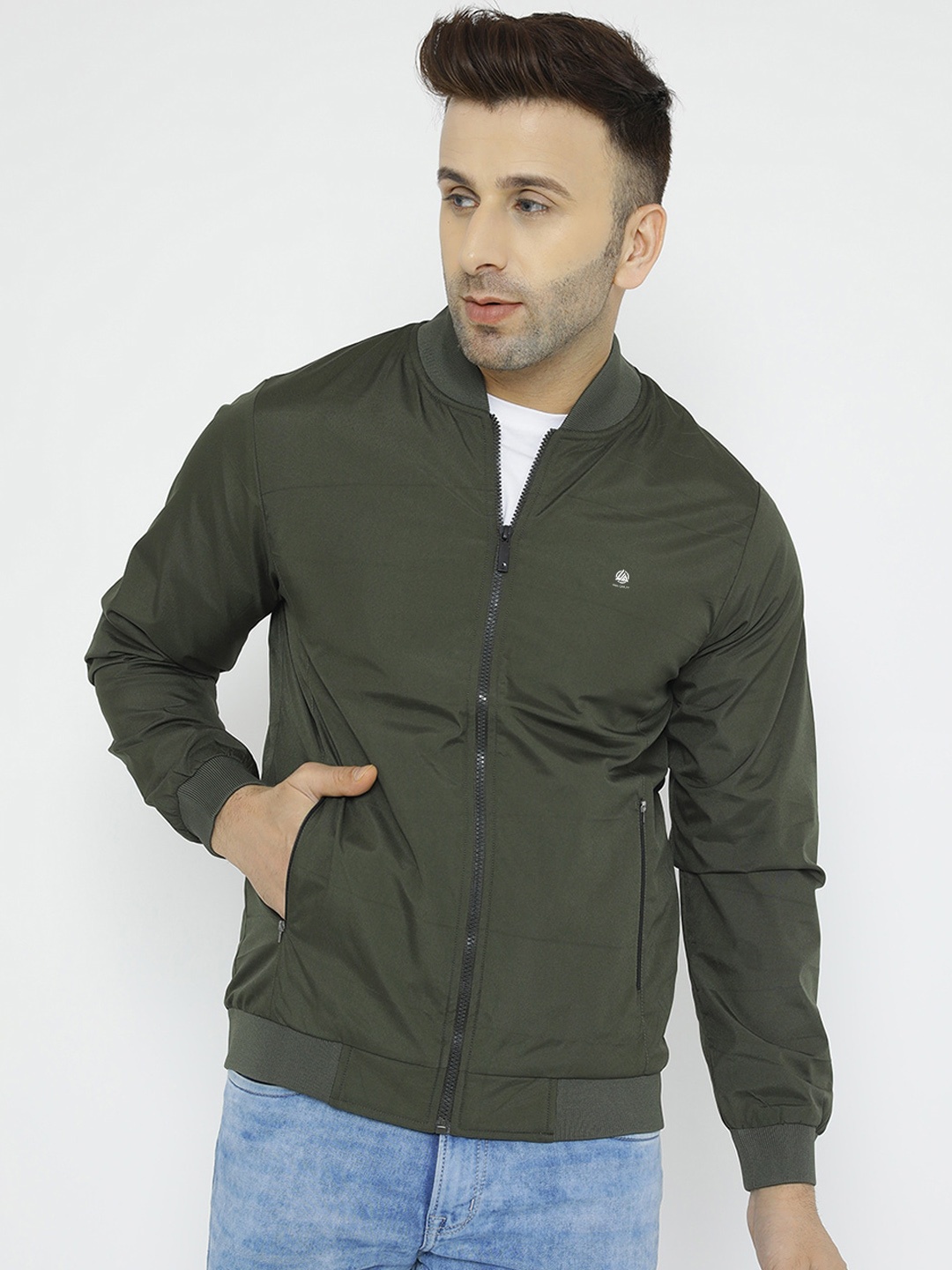 

WELL QUALITY Mandarin Collar Windcheater Dri-FIT Sports Bomber Jacket, Olive