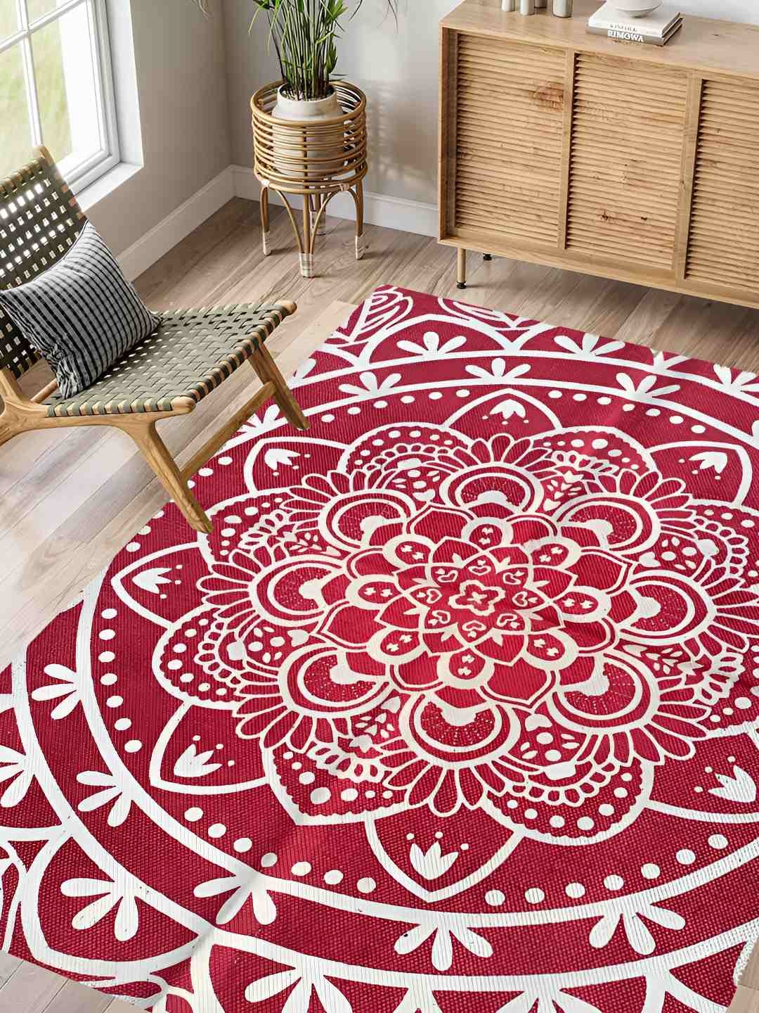 

Budhrajrugs Red & White Floral Pure Cotton Rectangular Dhurrie