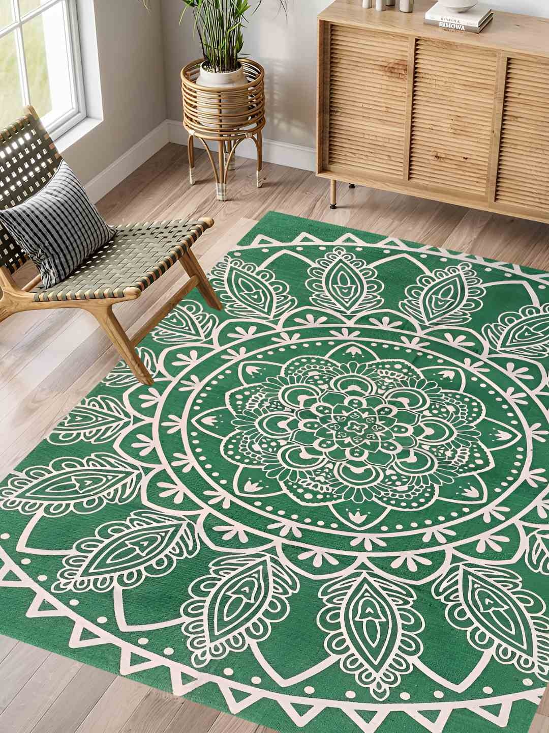 

Budhrajrugs Green & White Ethnic Motifs Cotton Rectangular Dhurrie