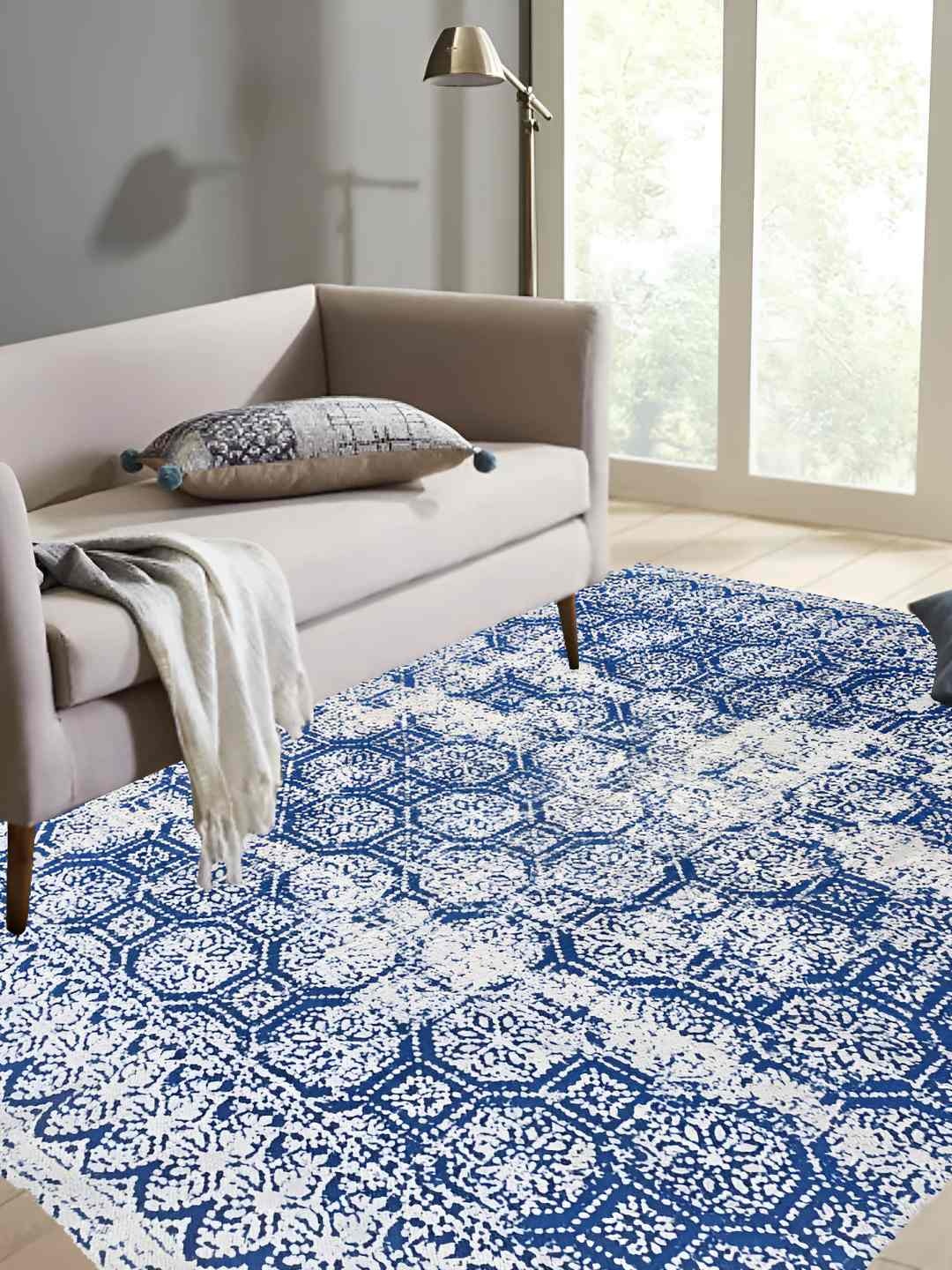 

Budhrajrugs Blue & White Geometric Cotton Rectangular Dhurrie