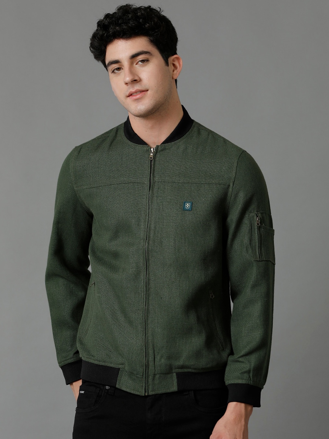 

Linen Club Mock Collar Bomber Jacket, Green