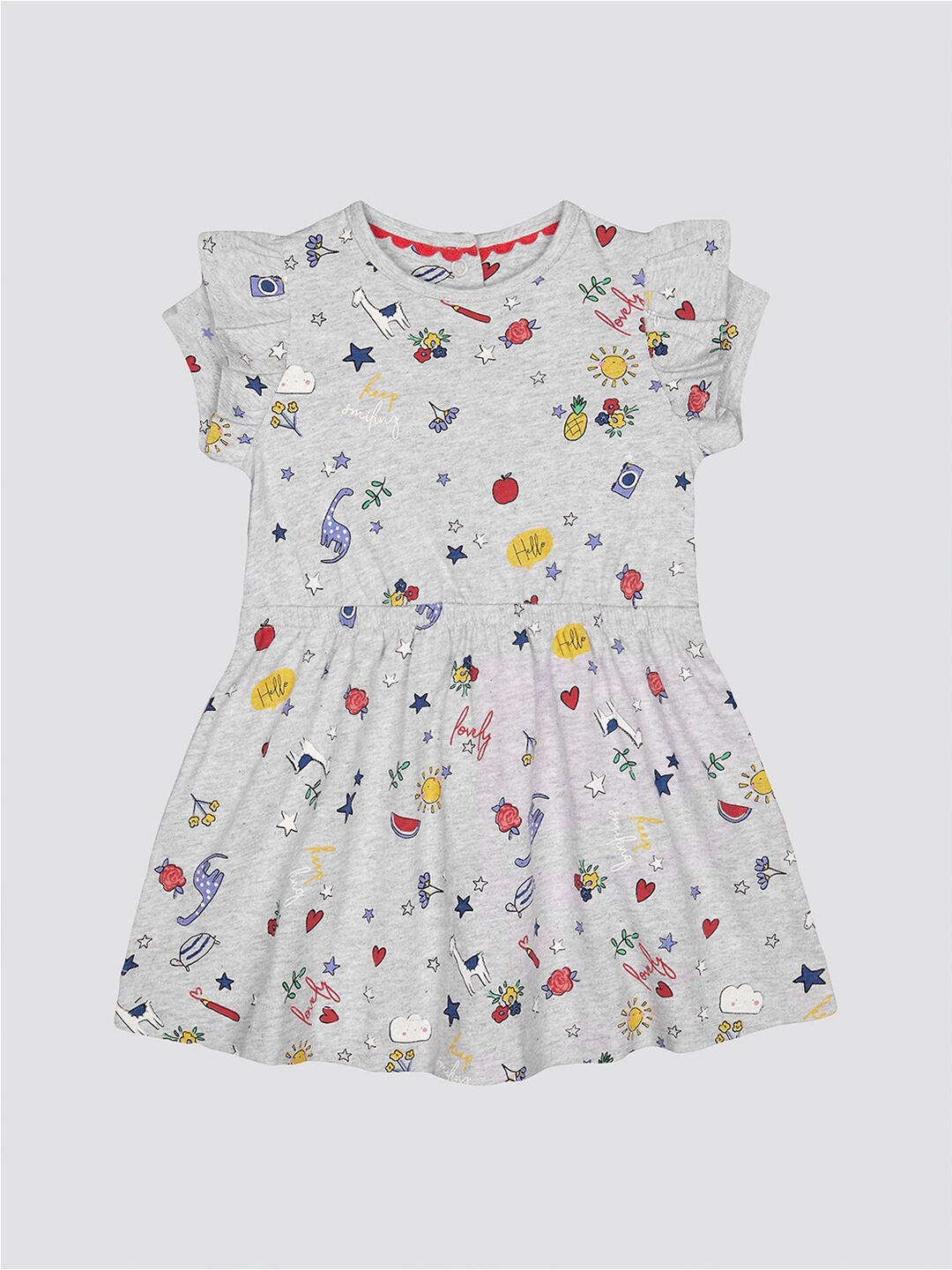 

mothercare Girls Conversational Printed Flutter Sleeves Gathered Fit & Flare Dress, Grey