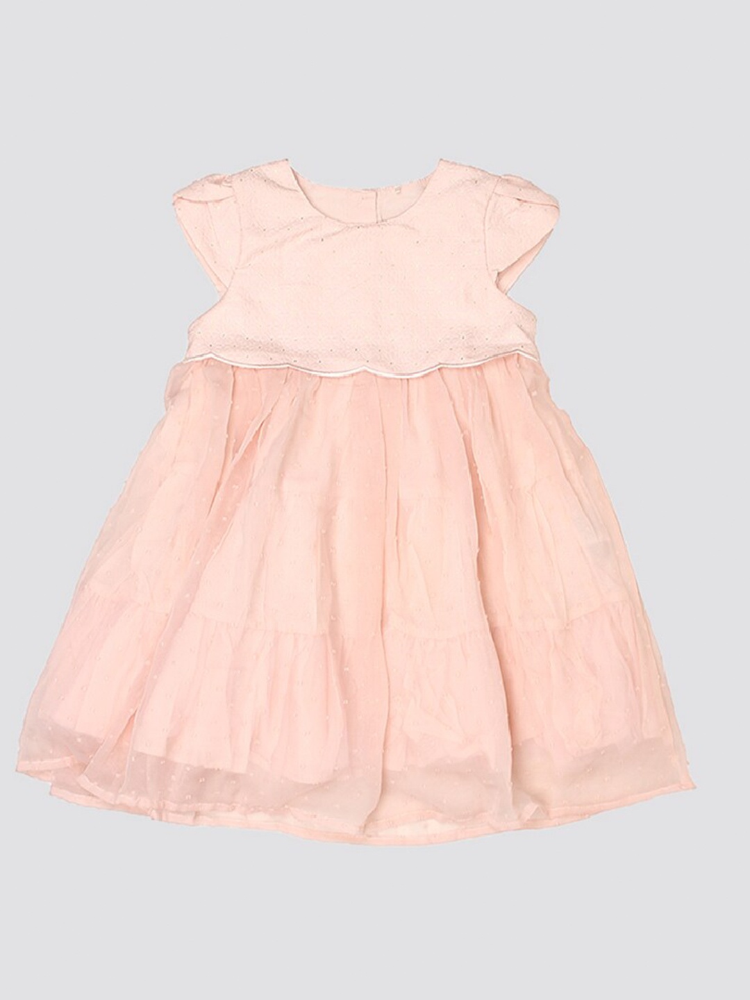 

mothercare Self Design Round Neck Cap Sleeves Gathered Fit & Flare Dress, Peach