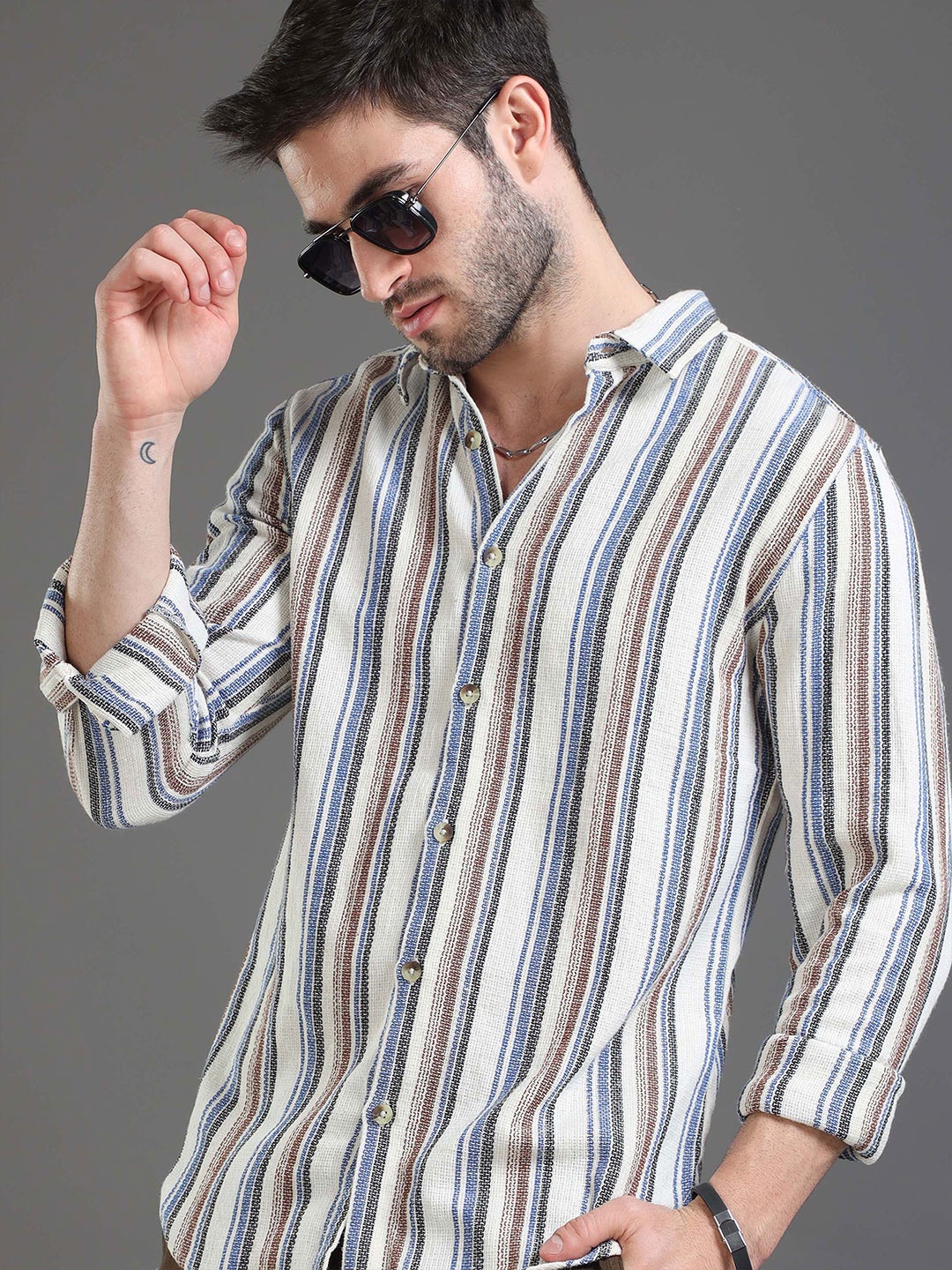 

HERE&NOW Slim Fit Multi Striped Cotton Casual Shirt, Cream