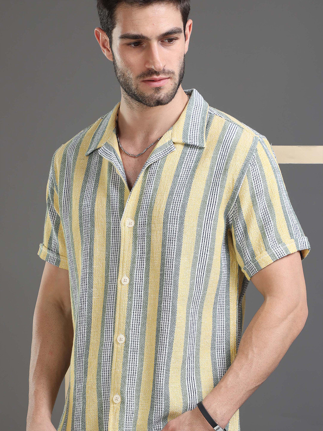

HERE&NOW Slim Fit Striped Cuban Collar Cotton Casual Shirt, Yellow