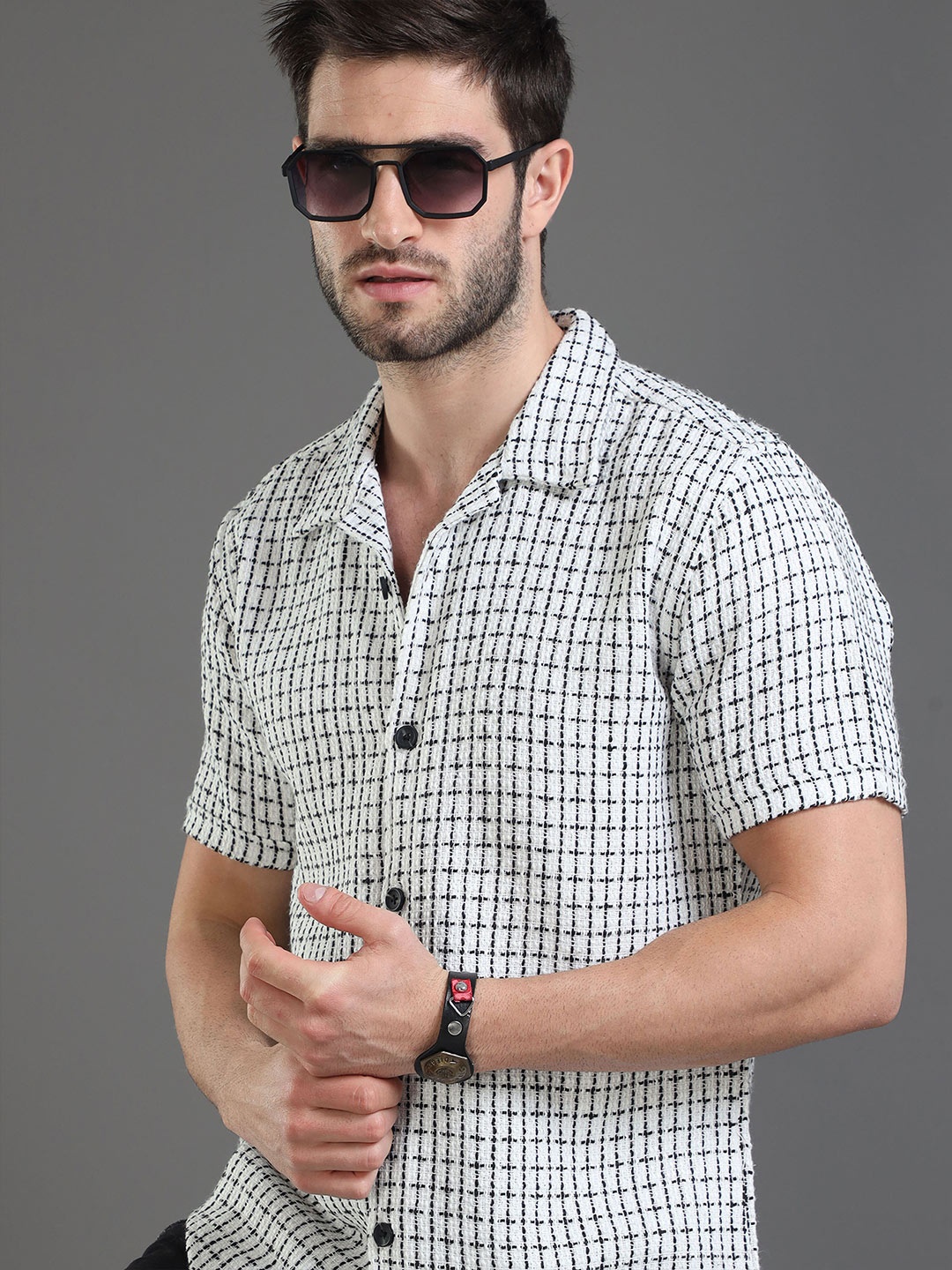 

HERE&NOW Slim Fit Checked Cotton Casual Shirt, White