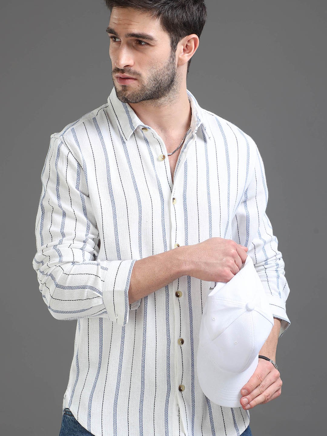 

HERE&NOW Slim Fit Vertical Striped Cotton Casual Shirt, Off white