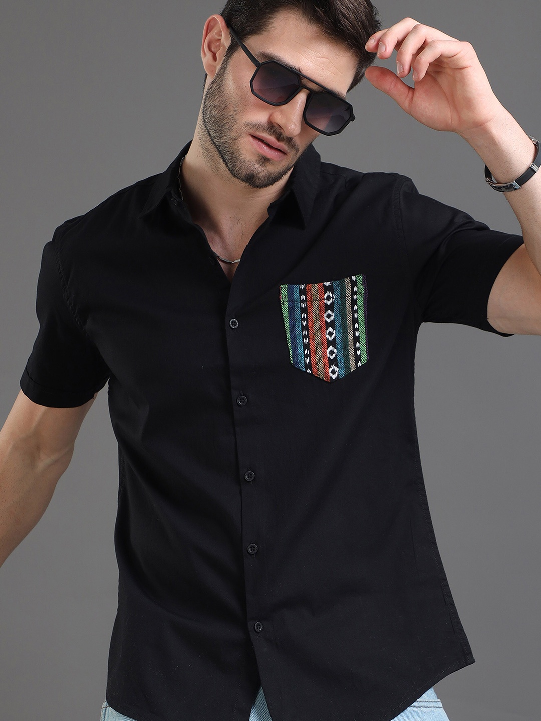 

HERE&NOW Slim Fit Cotton Casual Shirt, Black