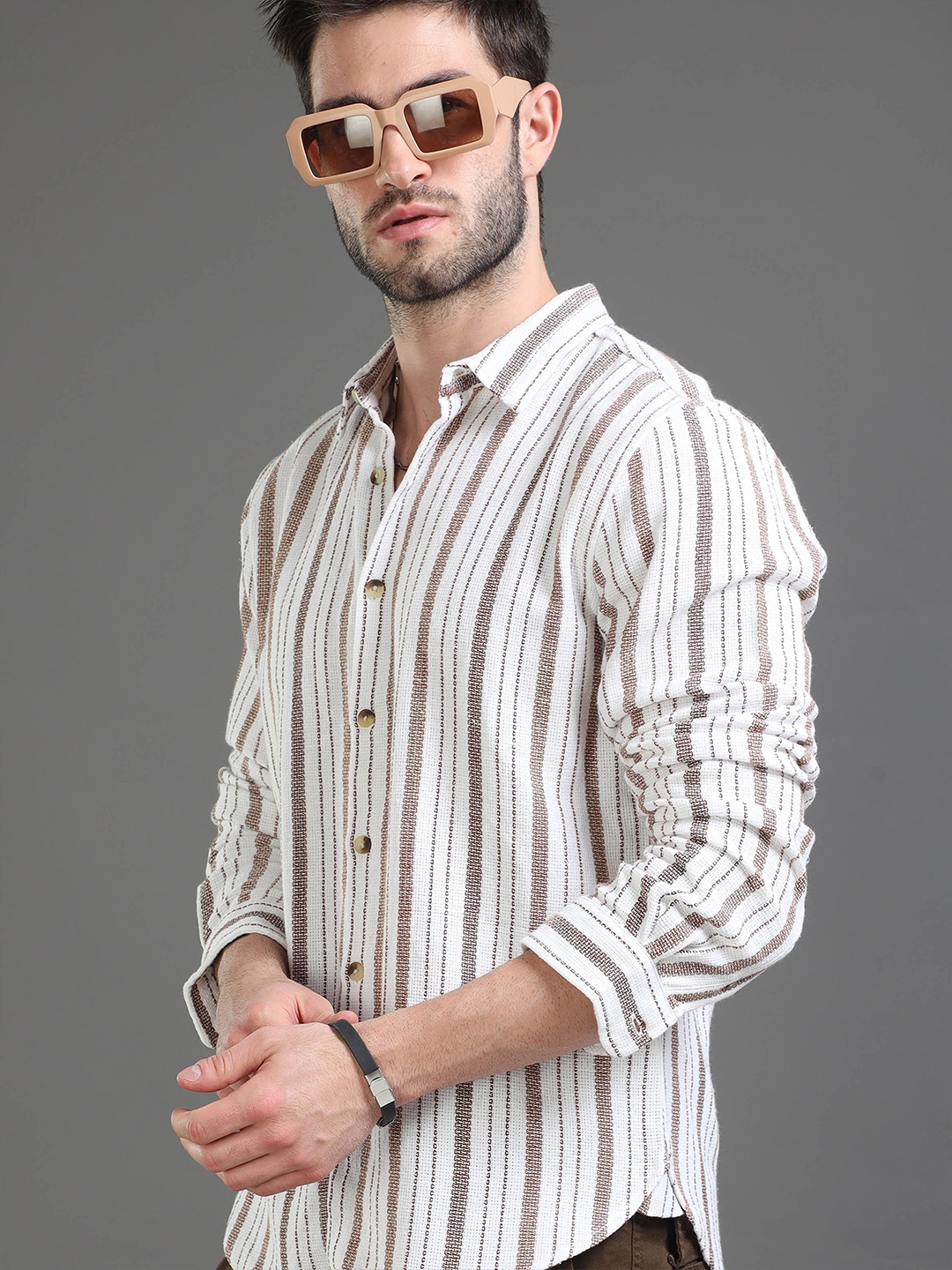 

HERE&NOW Slim Fit Vertical Striped Cotton Casual Shirt, Cream
