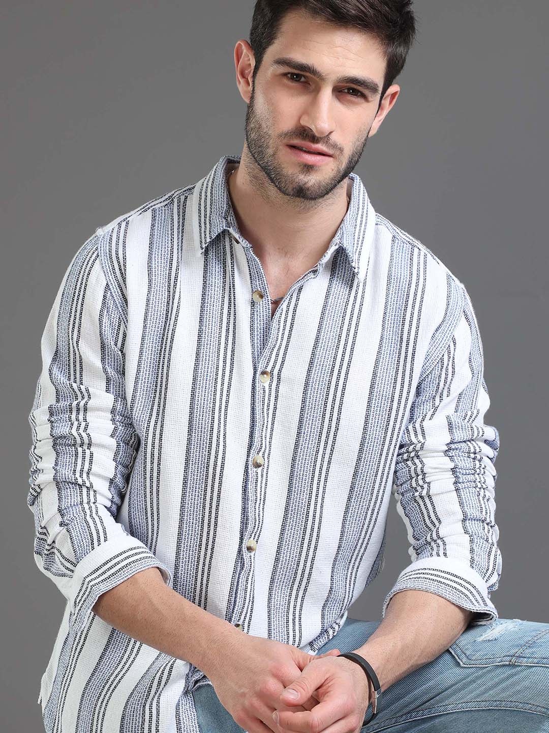 

HERE&NOW Slim Fit Vertical Striped Cotton Casual Shirt, Off white
