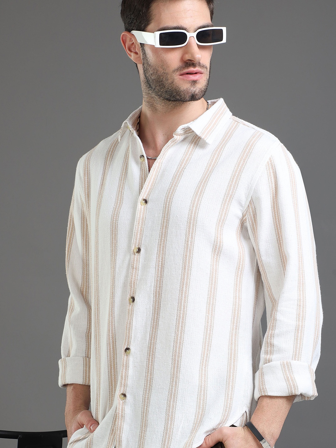 

HERE&NOW Slim Fit Vertical Striped Cotton Casual Shirt, Off white